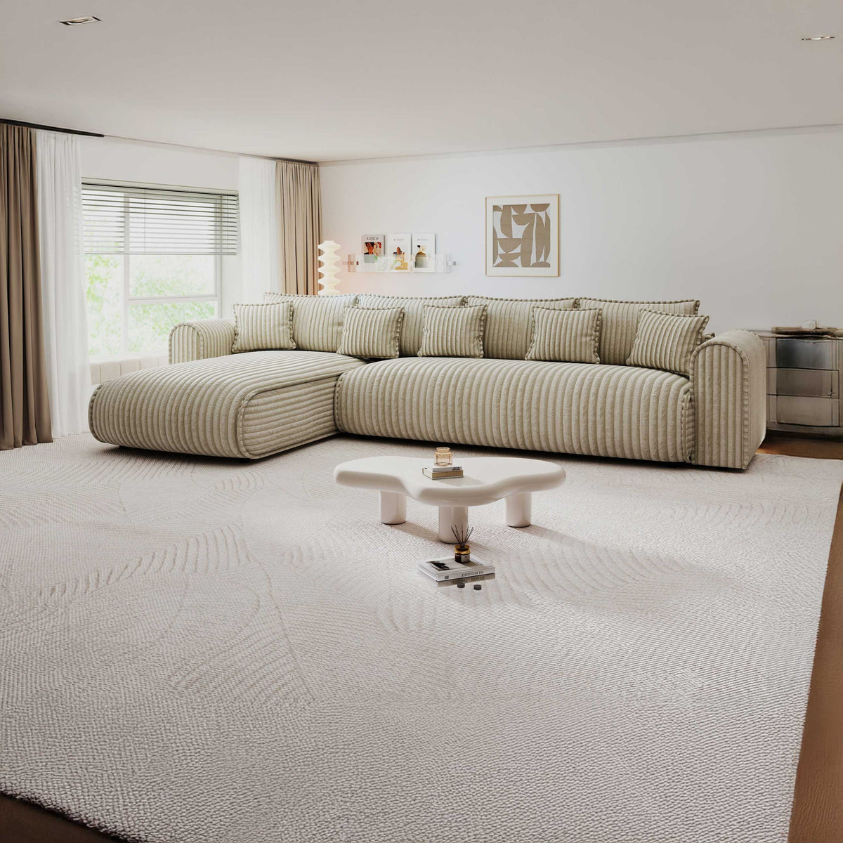 Colțar extensibil dumonde cu ladă de depozitare Monaco XL Tilia Capucino 340x185 cm — stanga — imagine principală