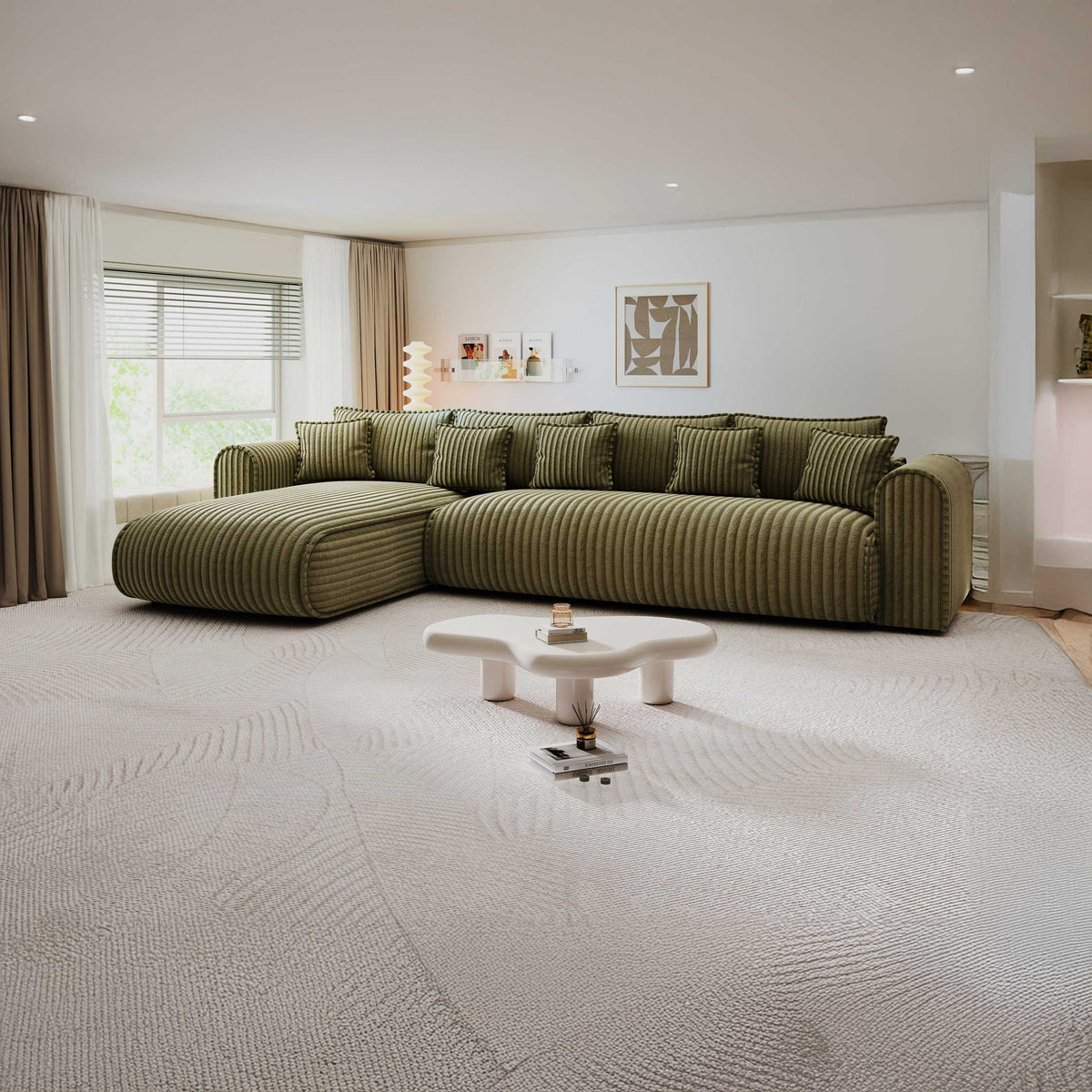 Colțar extensibil dumonde cu ladă de depozitare Monaco XL Tilia Olive 340x185 cm — stanga — imagine principală