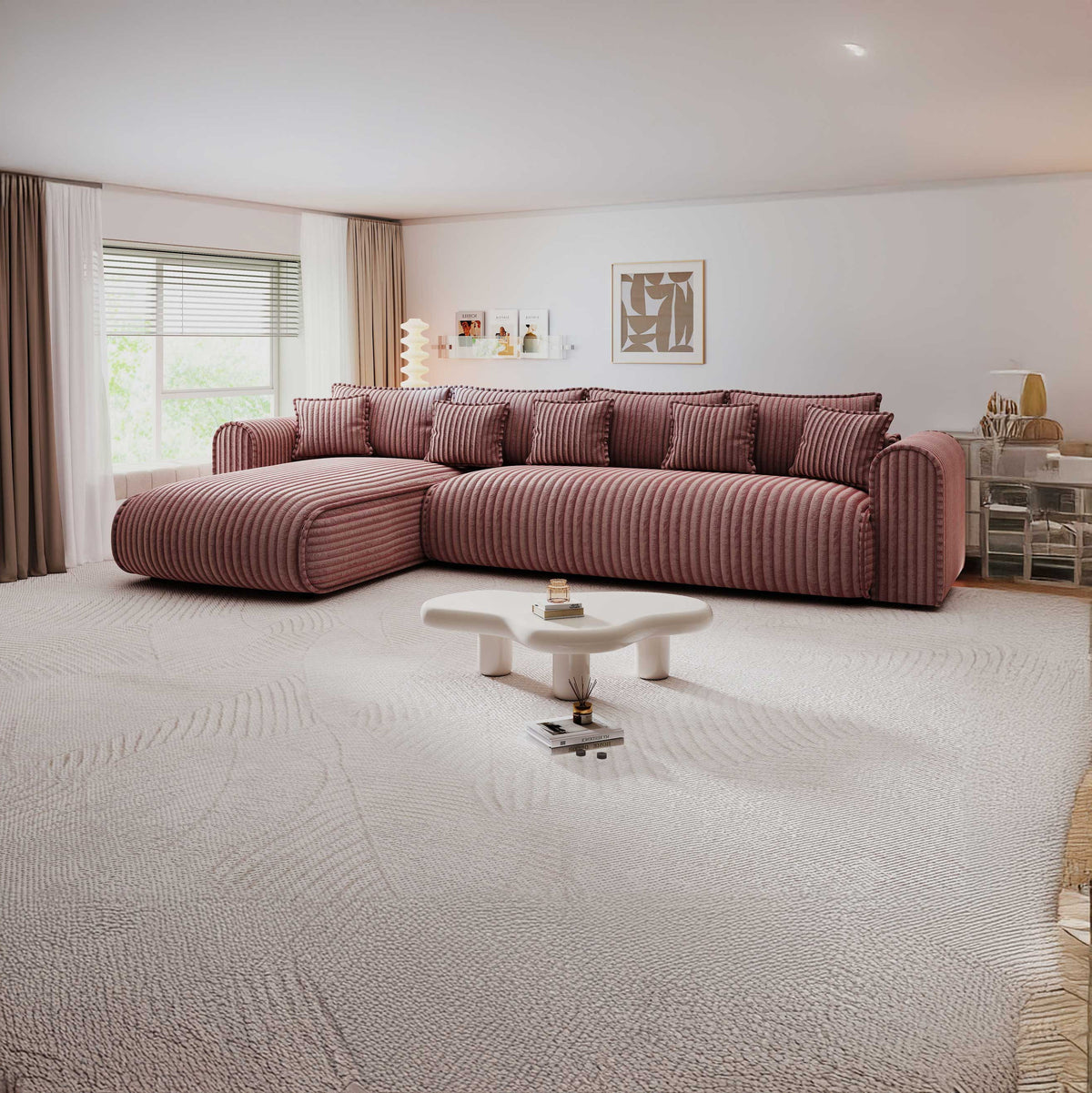 Colțar extensibil dumonde cu ladă de depozitare Monaco XL Tilia Roz 340x185 cm — stanga — imagine principală