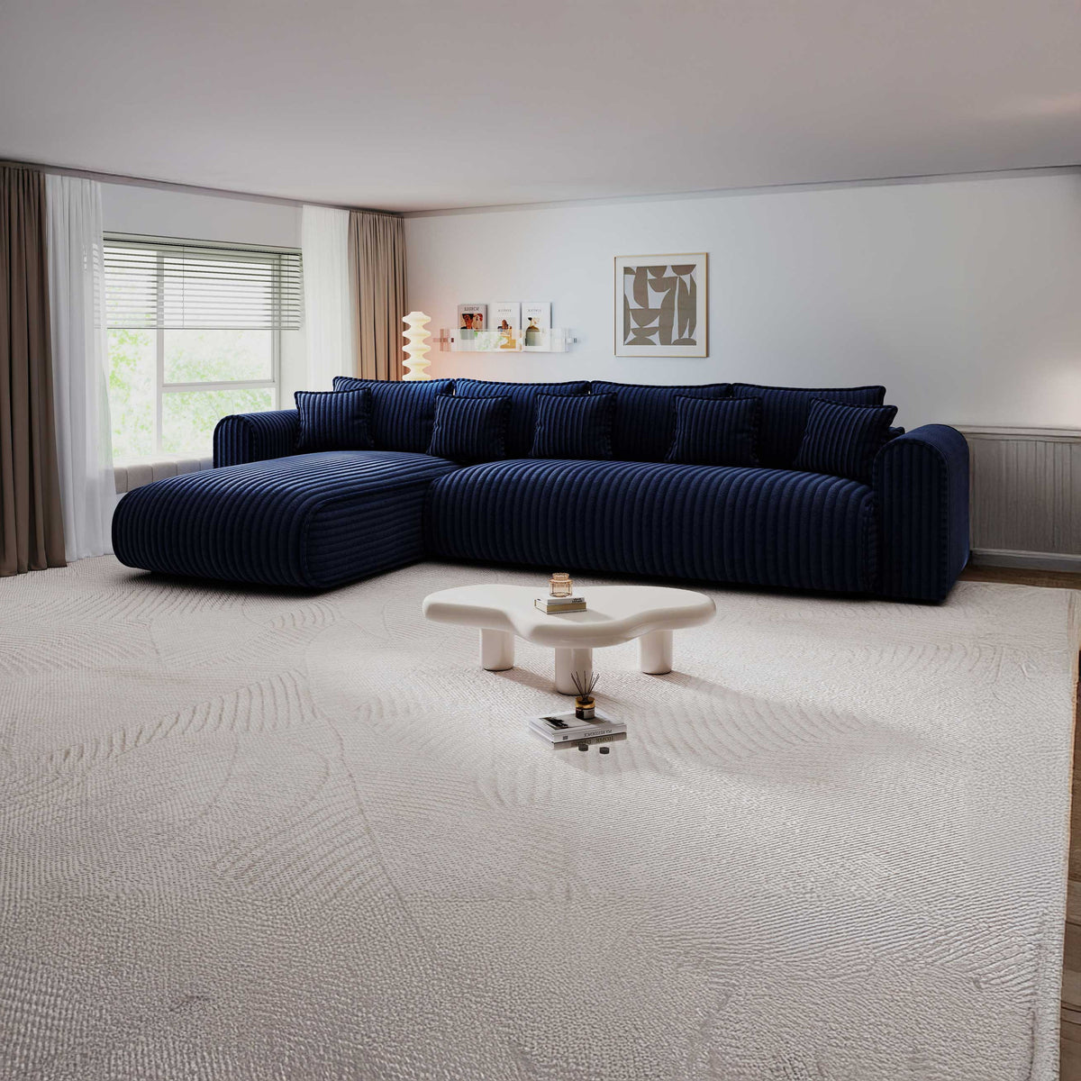 Colțar extensibil dumonde cu ladă de depozitare Monaco XL Tilia Albastru 340x185 cm — stanga — imagine principală