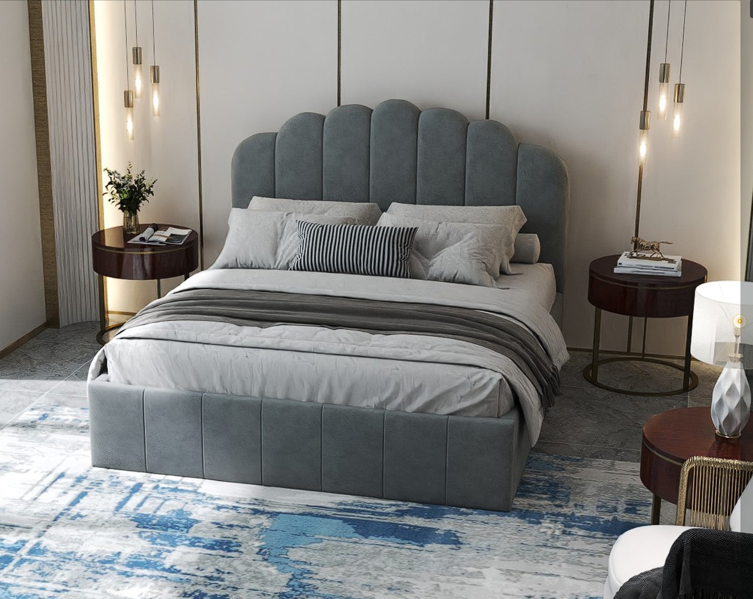 Pat dormitor dumonde, tapitat gri, Amira 140x200 cm, somiera rabatabila inclusa, spatiu depozitare WLS