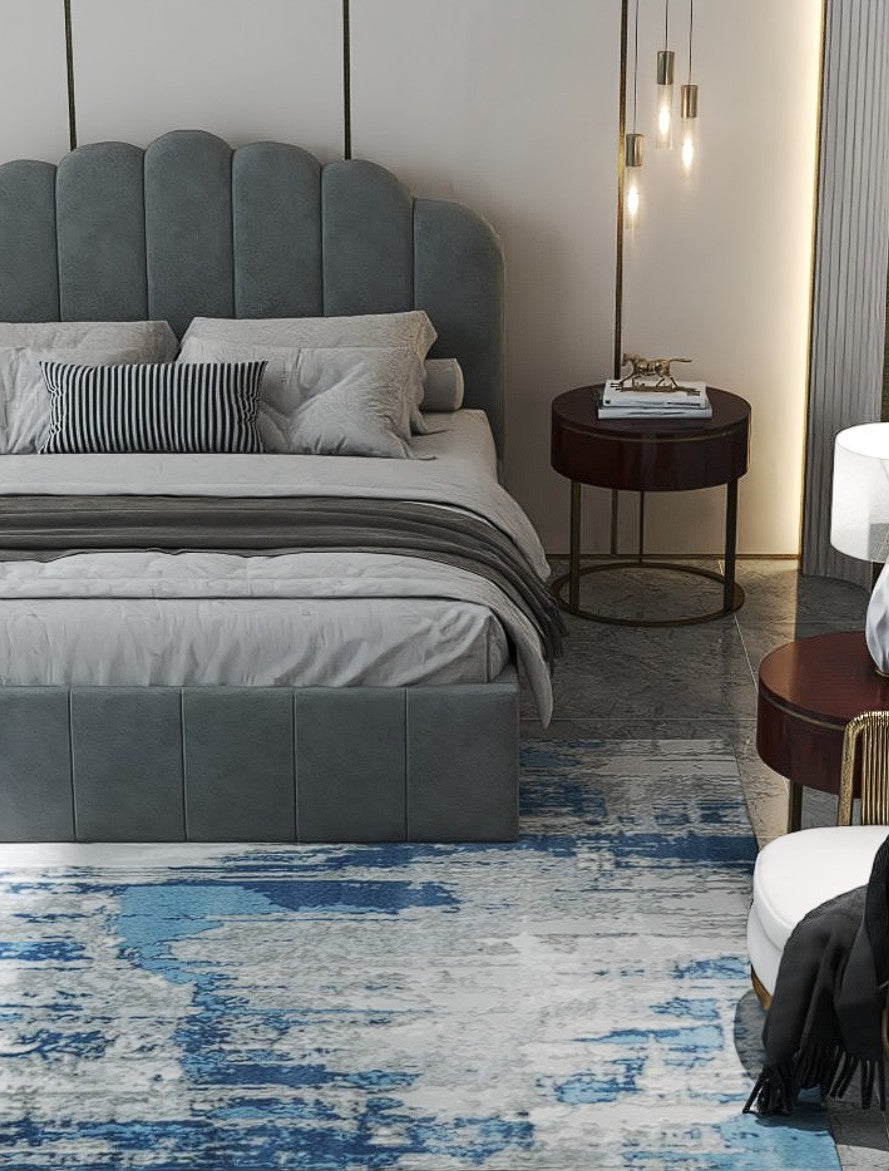 Pat dormitor dumonde, tapitat gri, Amira 140x200 cm, somiera rabatabila inclusa, spatiu depozitare WLS