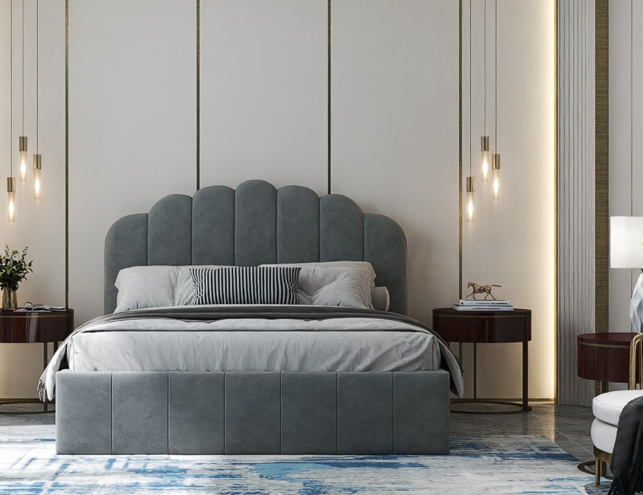 Pat dormitor dumonde, tapitat gri, Amira 140x200 cm, somiera rabatabila inclusa, spatiu depozitare WLS