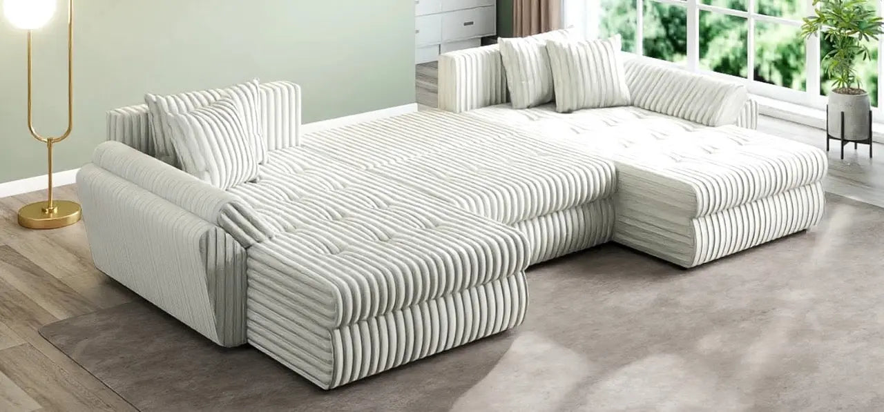 Colțar extensibil dumonde cu ladă de depozitare si sezut confortabil din spuma HR, Loana U Ambience Ivory 355x185 cm Fabrica