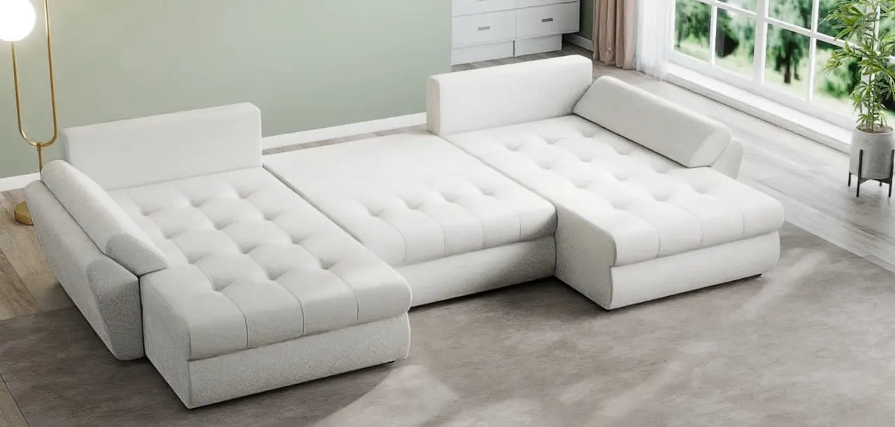 Colțar extensibil dumonde cu ladă de depozitare si sezut confortabil din spuma HR, Loana U Euphoria Ivory 355x185 cm Fabrica
