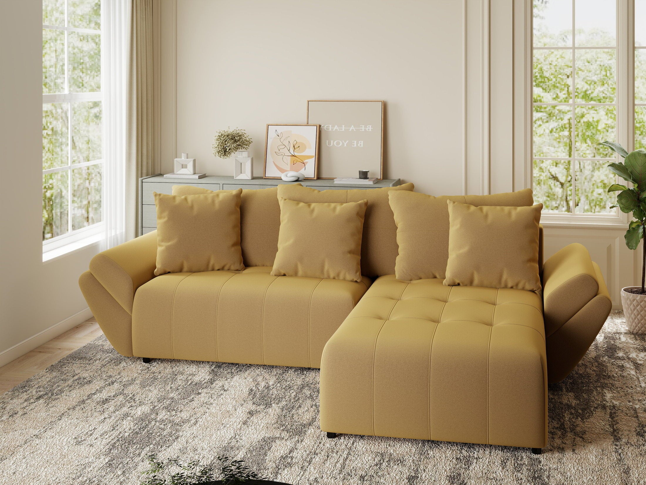 Colțar extensibil dumonde cu ladă de depozitare si sezut confortabil din spuma HR, Berlin Royal Galben Mustar 280x185 cm II