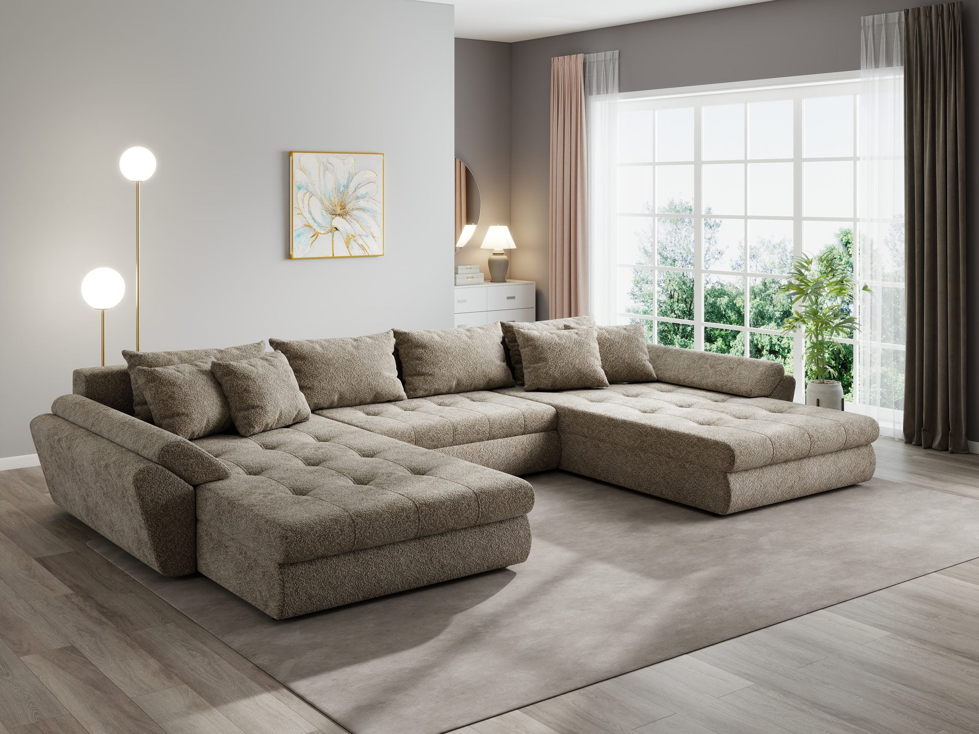 Colțar extensibil dumonde cu ladă de depozitare si sezut confortabil din spuma high-density, Loana U Arena Bej 4 355x185 cm