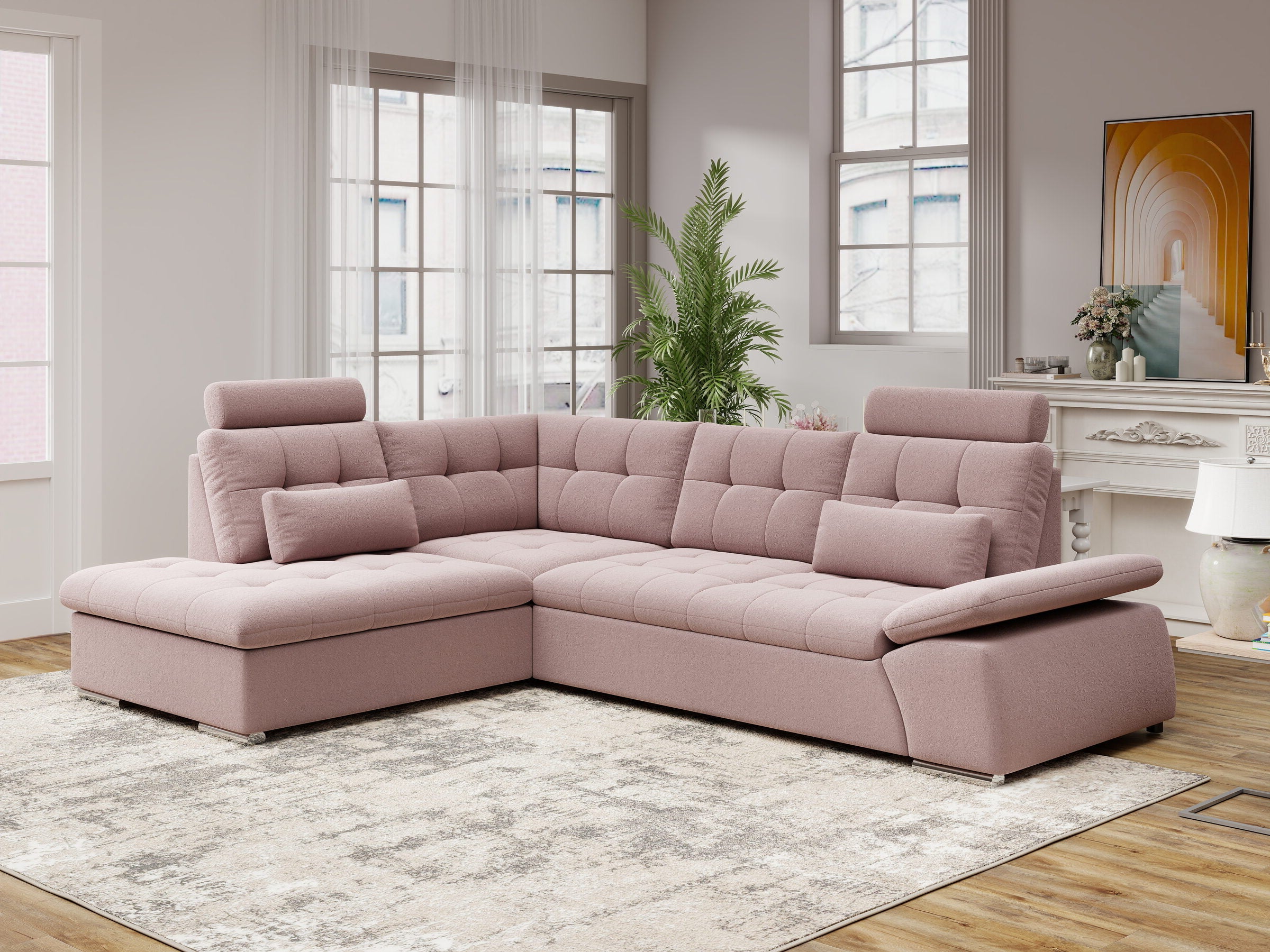 Colțar extensibil dumonde cu ladă de depozitare și șezut confortabil din spumă HR, Merkur XL Royal Roz 256x217 cm