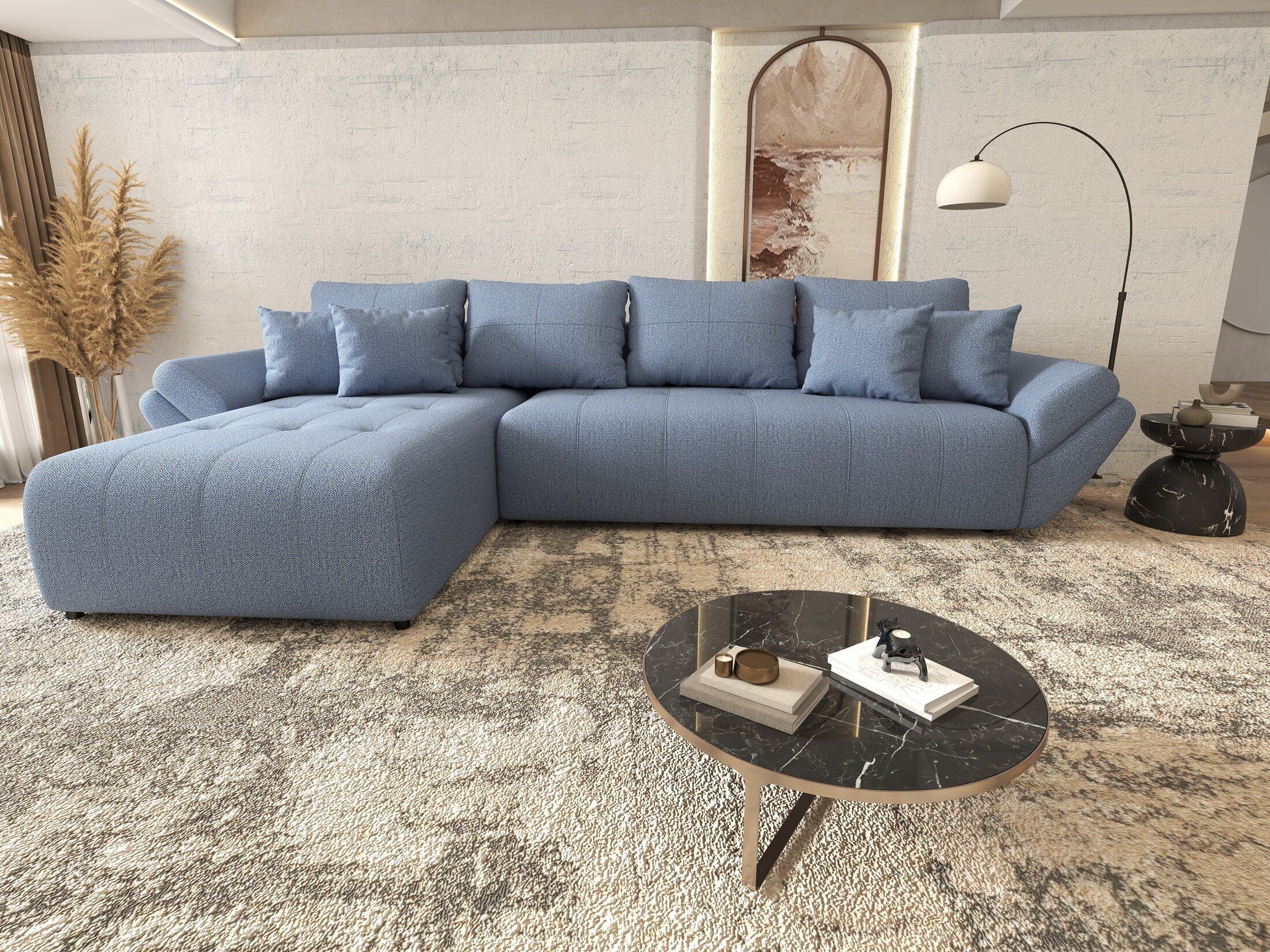 Colțar extensibil dumonde cu ladă de depozitare si sezut confortabil din spuma HR, Berlin XL Enjoy Blue 350x185 cm