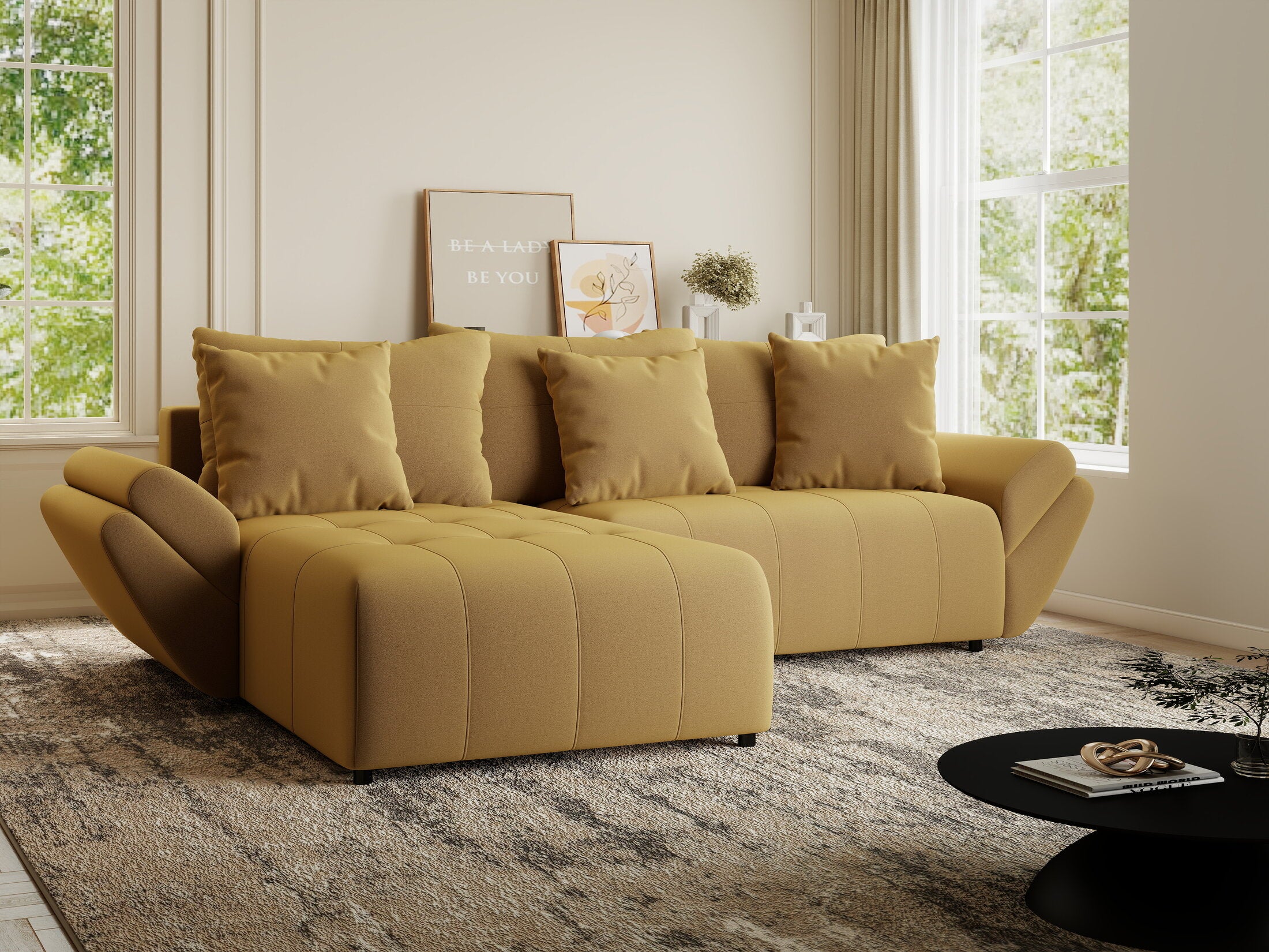 Colțar extensibil dumonde cu ladă de depozitare si sezut confortabil din spuma HR, Berlin Royal Galben Mustar 280x185 cm