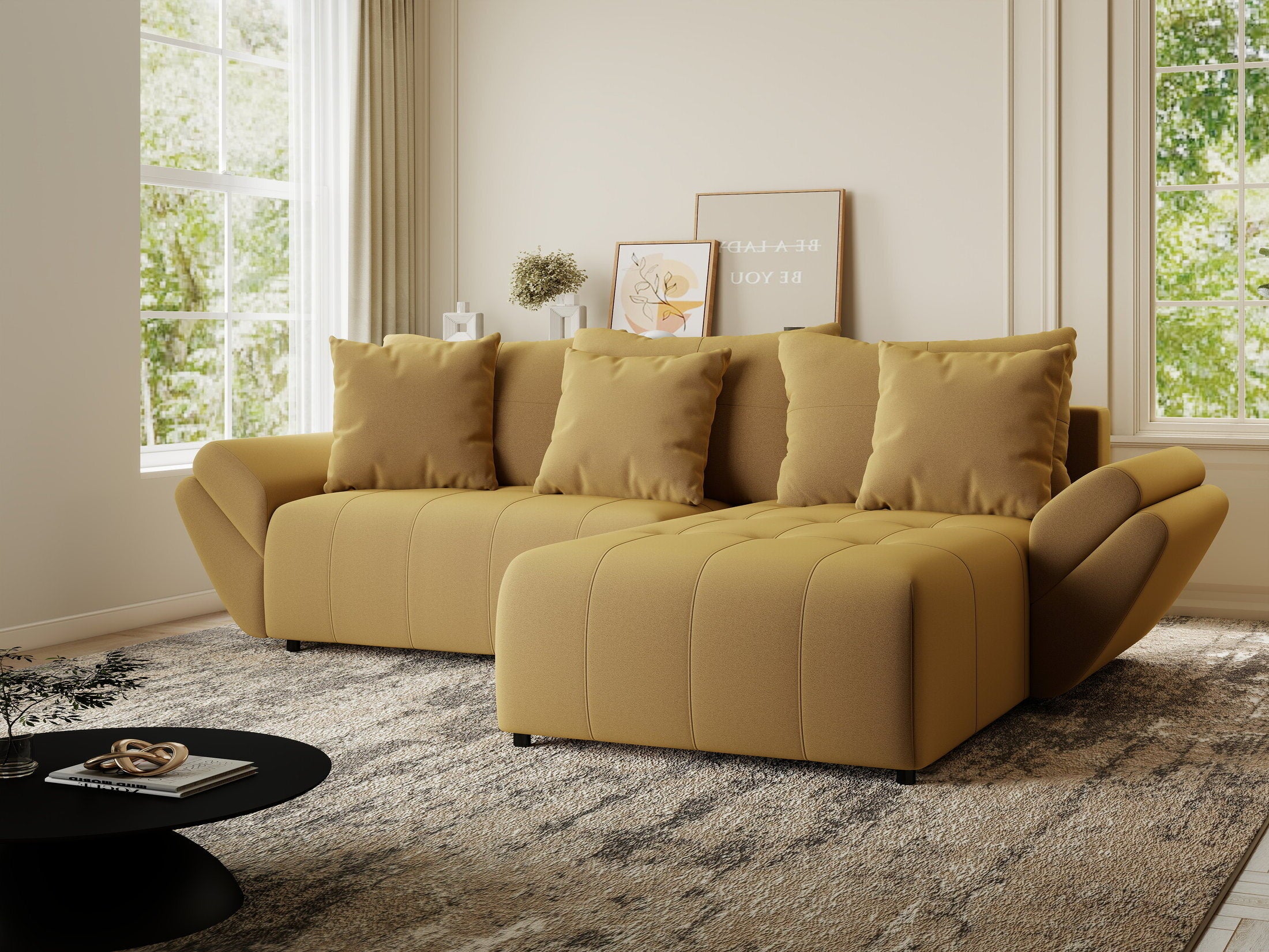 Colțar extensibil dumonde cu ladă de depozitare si sezut confortabil din spuma HR, Berlin Royal Galben Mustar 280x185 cm II