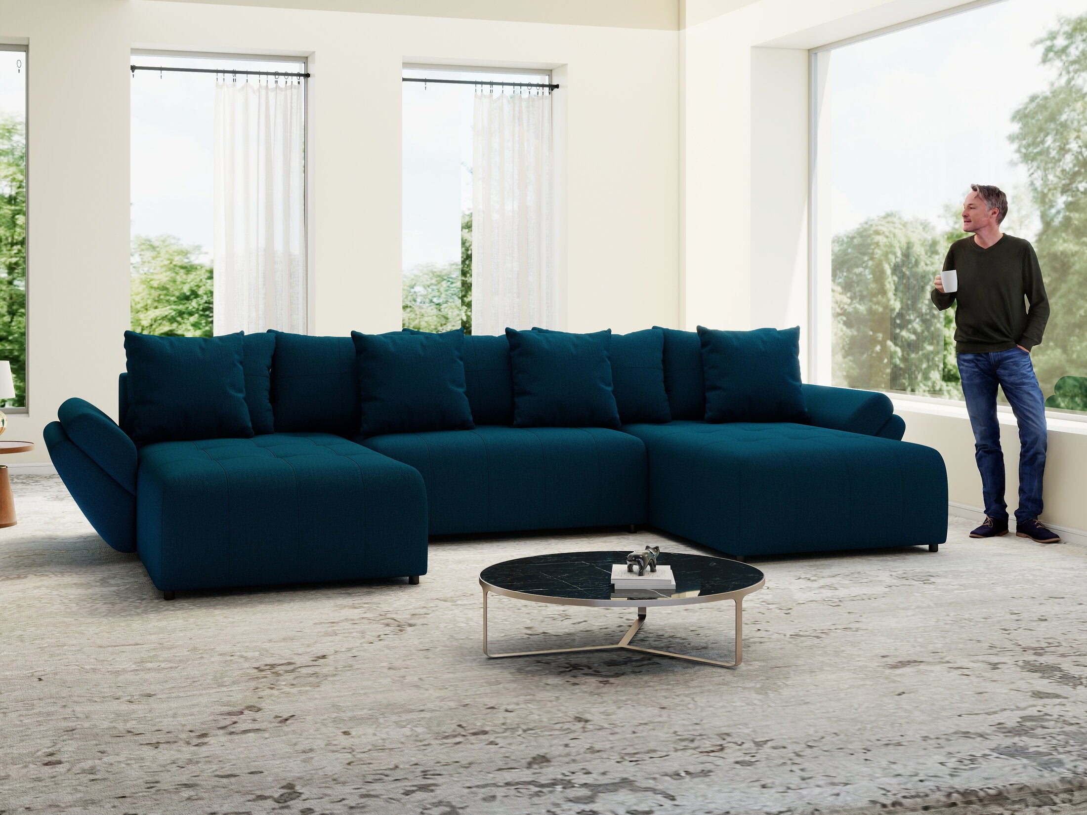 Colțar extensibil dumonde cu ladă de depozitare si sezut confortabil din spuma HR, Berlin U Enjoy Verde Petrol 380x180 cm