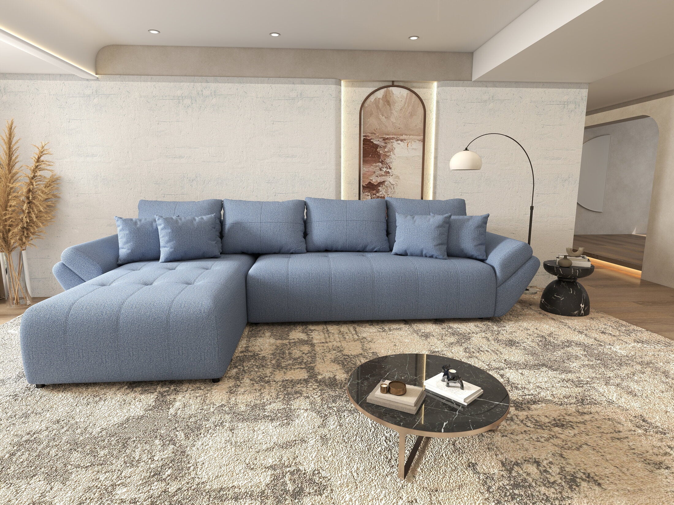 Colțar extensibil dumonde cu ladă de depozitare si sezut confortabil din spuma HR, Berlin XL Enjoy Blue 350x185 cm