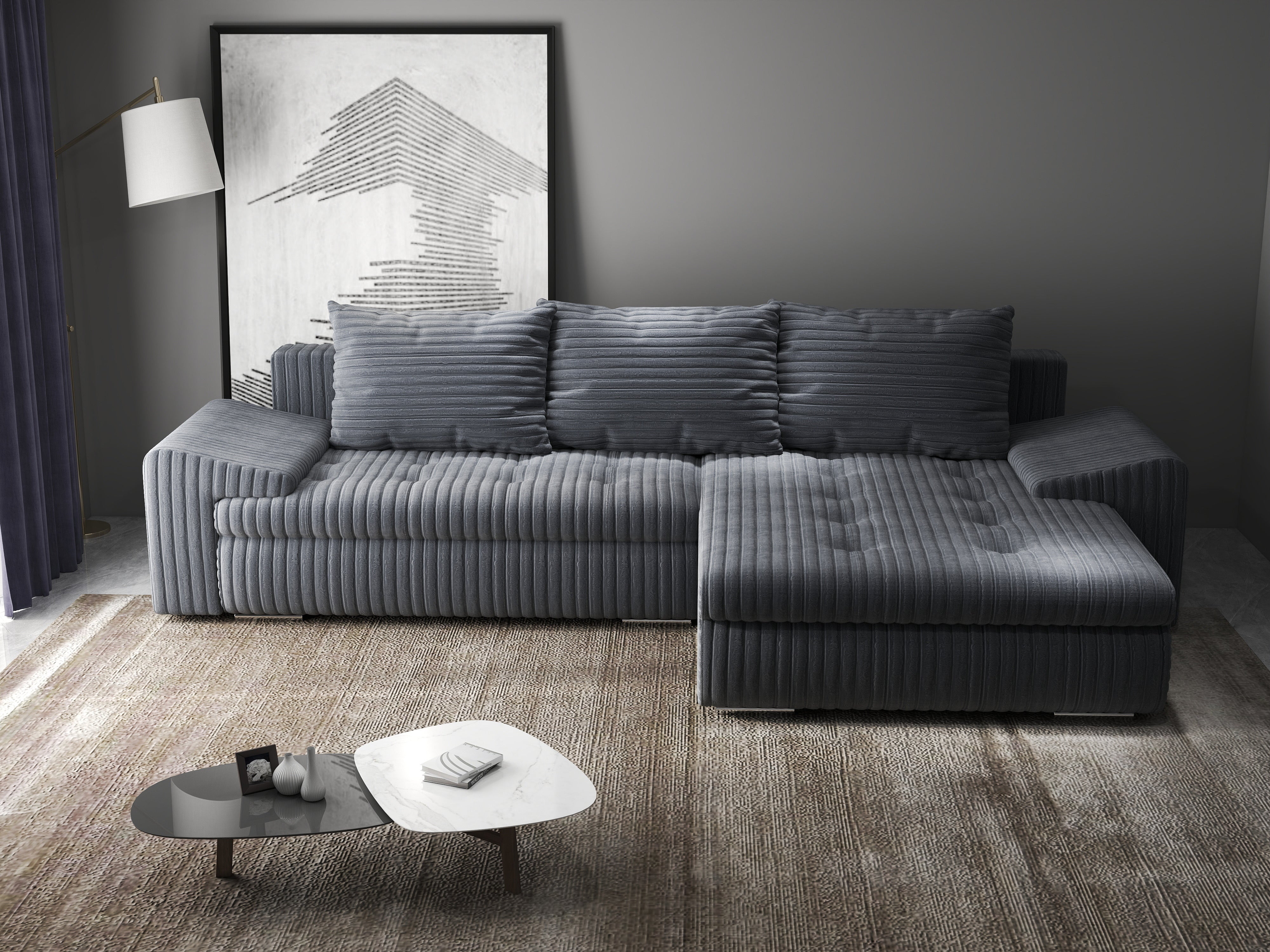 Colțar extensibil dumonde cu ladă de depozitare si sezut confortabil din spuma HR, Leonardo Ambience Gri 260x185 cm II Fabrica