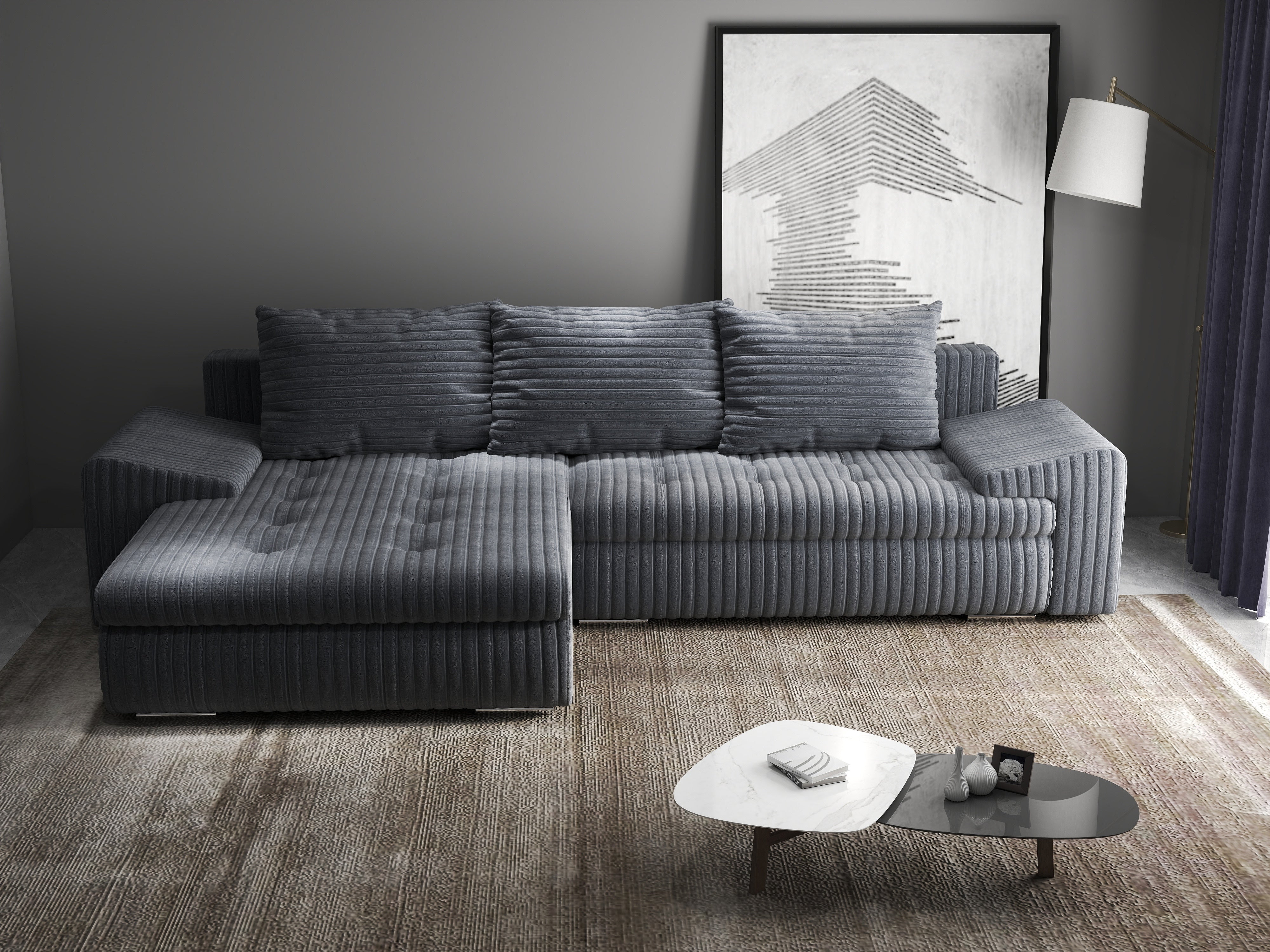 Colțar extensibil dumonde cu ladă de depozitare si sezut confortabil din spuma HR, Leonardo Ambience Gri 260x185 cm Fabrica