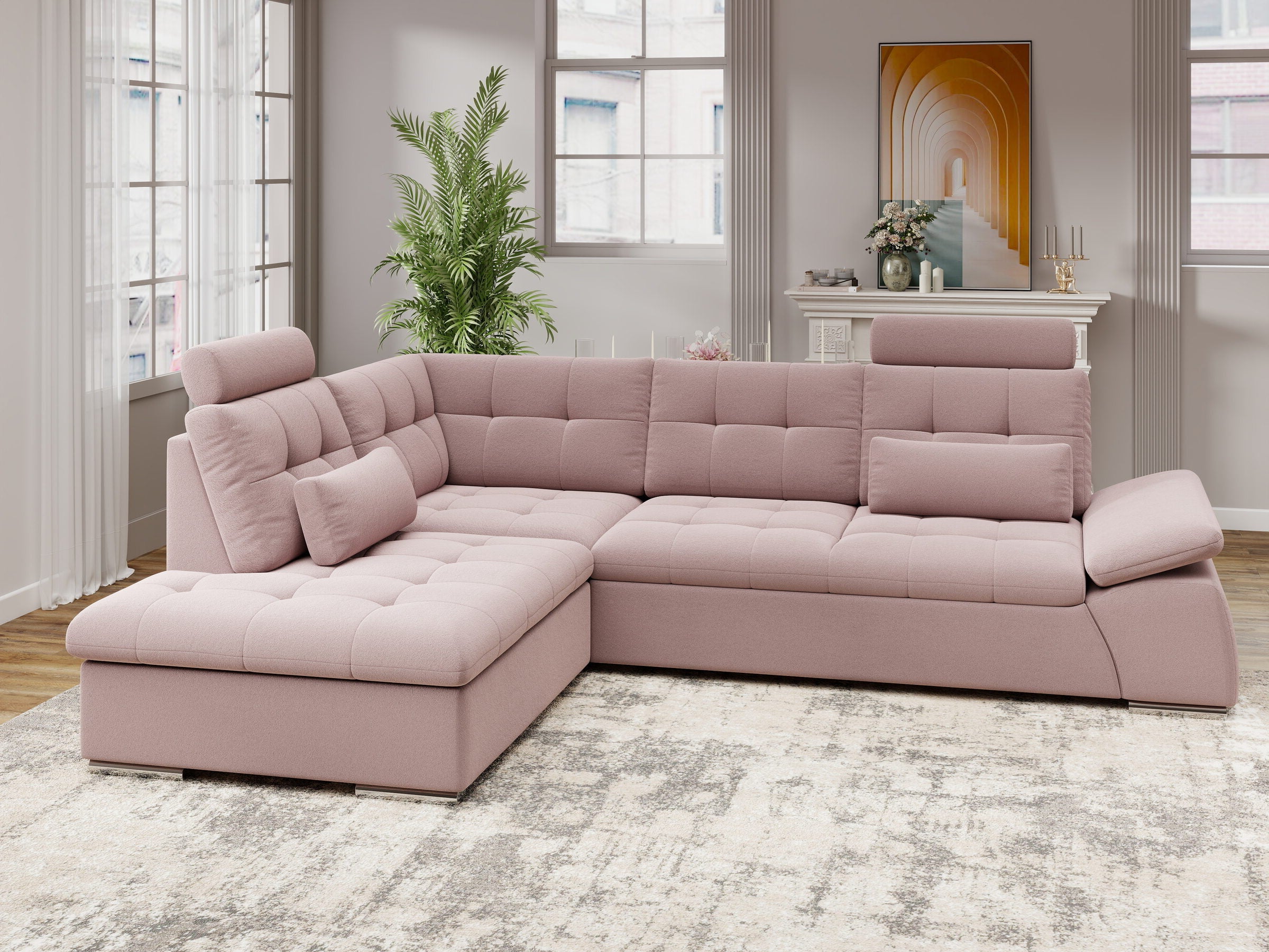 Colțar extensibil dumonde cu ladă de depozitare și șezut confortabil din spumă HR, Merkur XL Royal Roz 256x217 cm