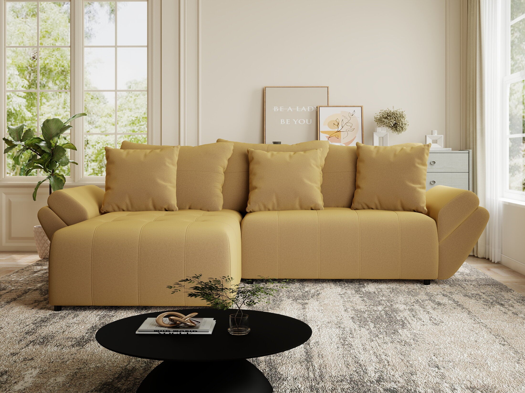 Colțar extensibil dumonde cu ladă de depozitare si sezut confortabil din spuma HR, Berlin Royal Galben Mustar 280x185 cm