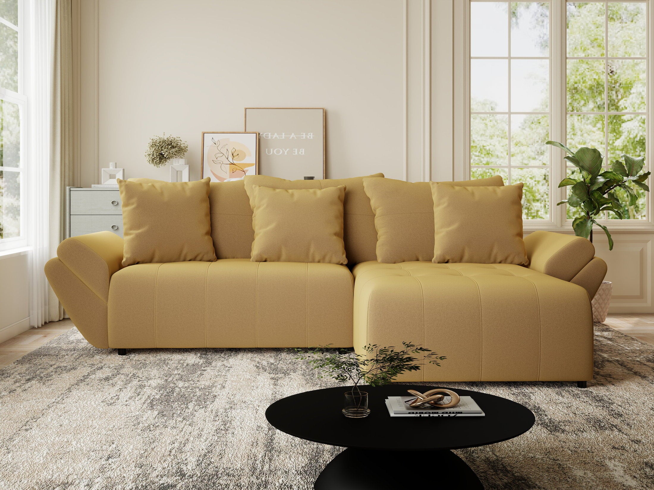 Colțar extensibil dumonde cu ladă de depozitare si sezut confortabil din spuma HR, Berlin Royal Galben Mustar 280x185 cm II