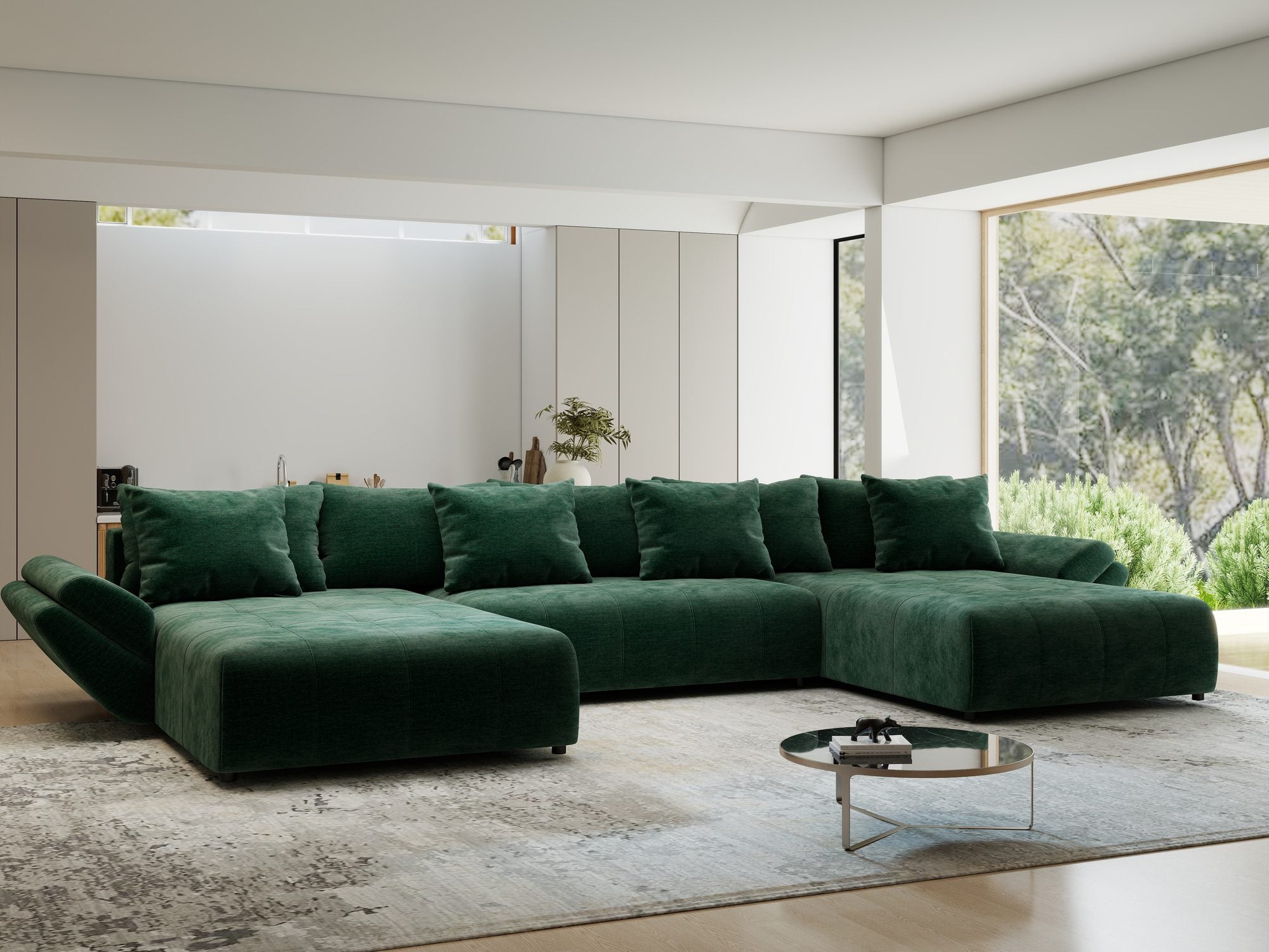 Colțar extensibil dumonde cu ladă de depozitare si sezut confortabil din spuma high-density, Berlin U Monolith Verde 37 380x180 cm