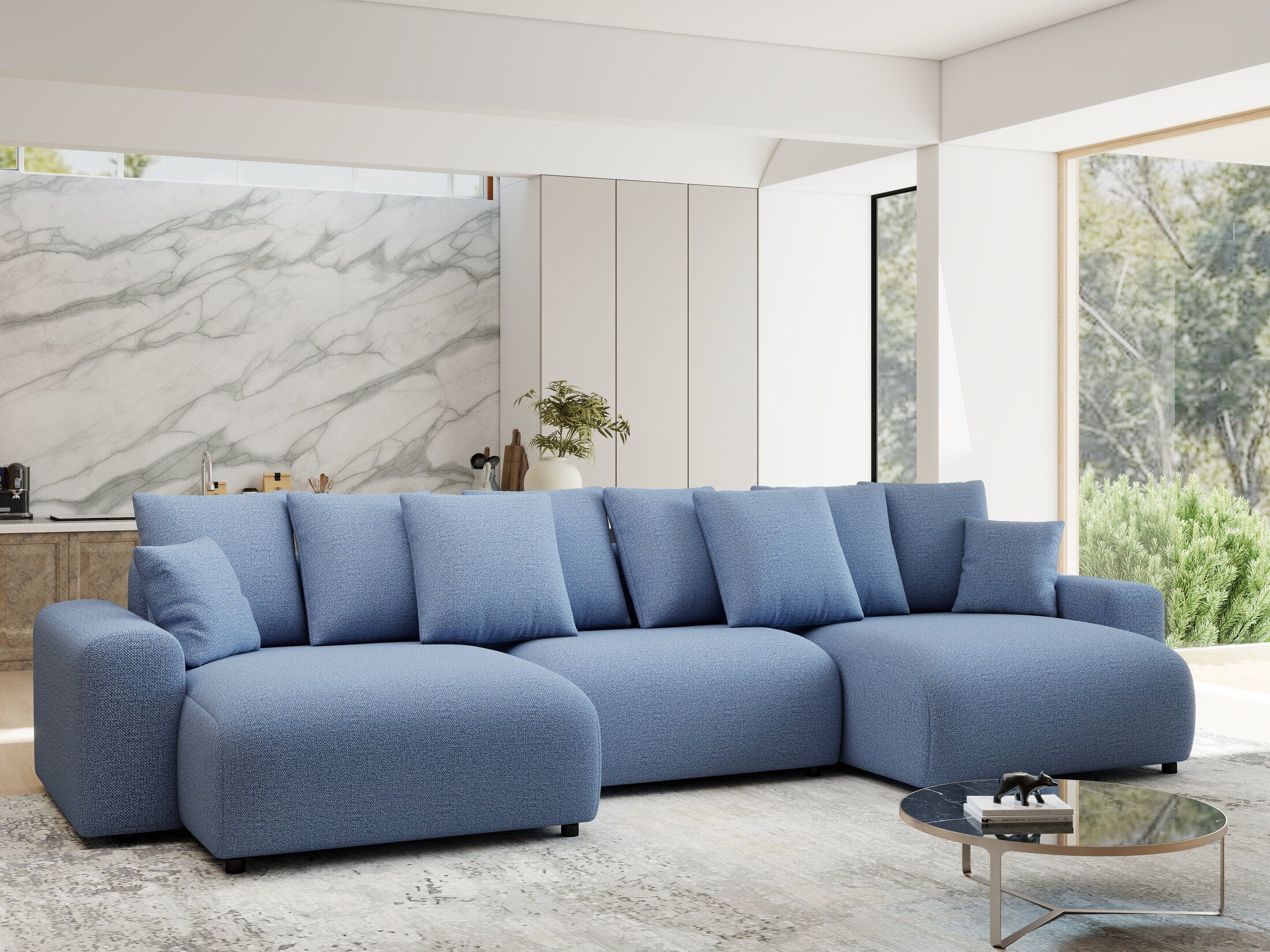 Colțar extensibil dumonde cu ladă de depozitare si sezut confortabil din spuma HR, Luma U Enjoy Albastru 336x140 cm