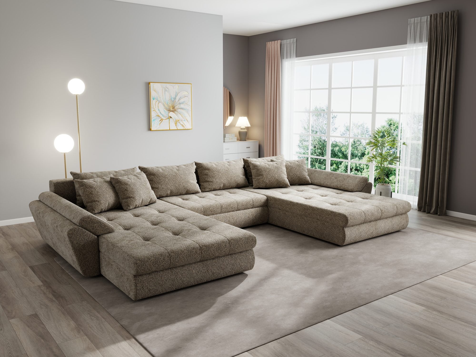Colțar extensibil dumonde cu ladă de depozitare si sezut confortabil din spuma high-density, Loana U Arena Bej 4 355x185 cm