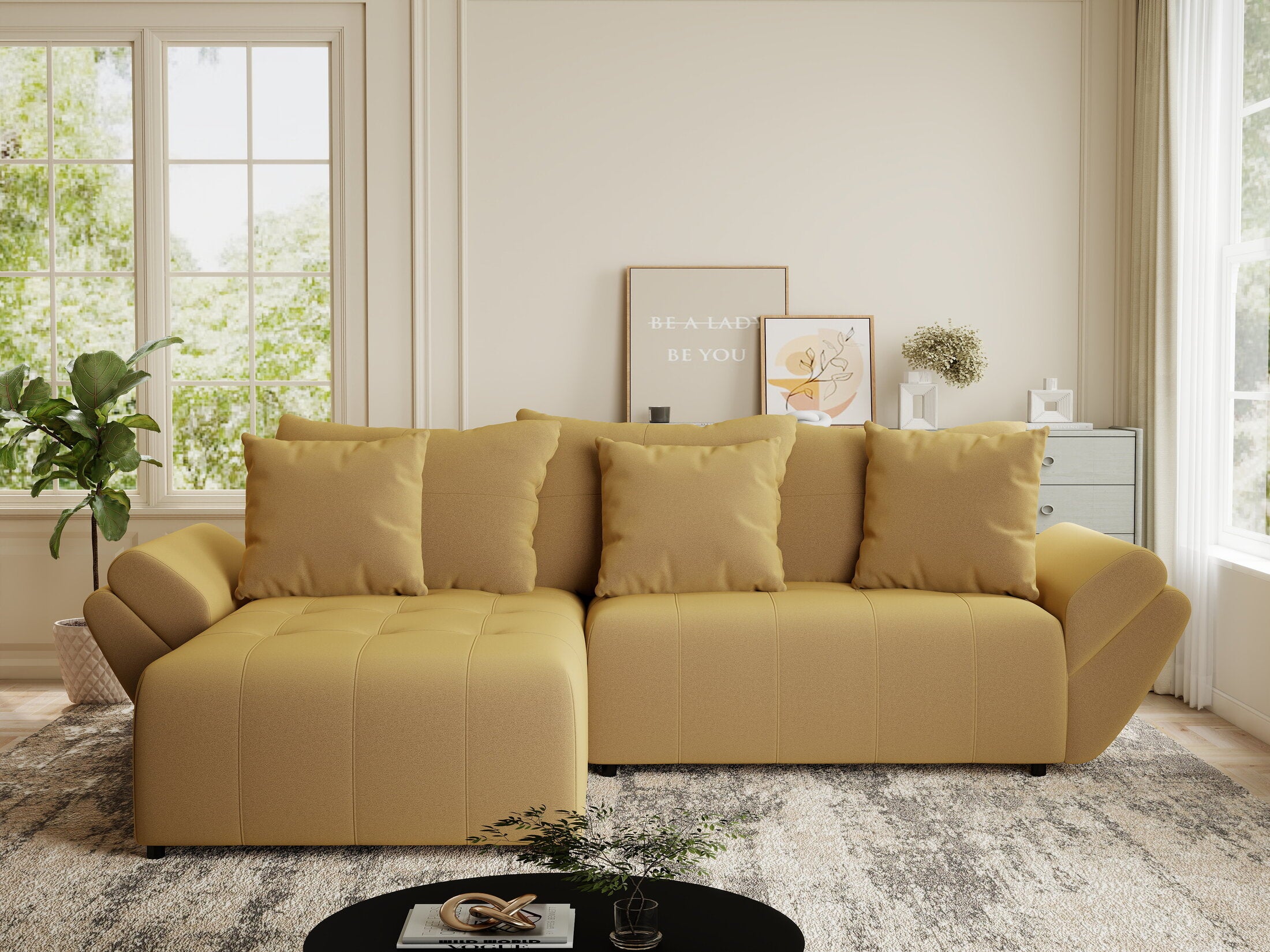 Colțar extensibil dumonde cu ladă de depozitare si sezut confortabil din spuma HR, Berlin Royal Galben Mustar 280x185 cm