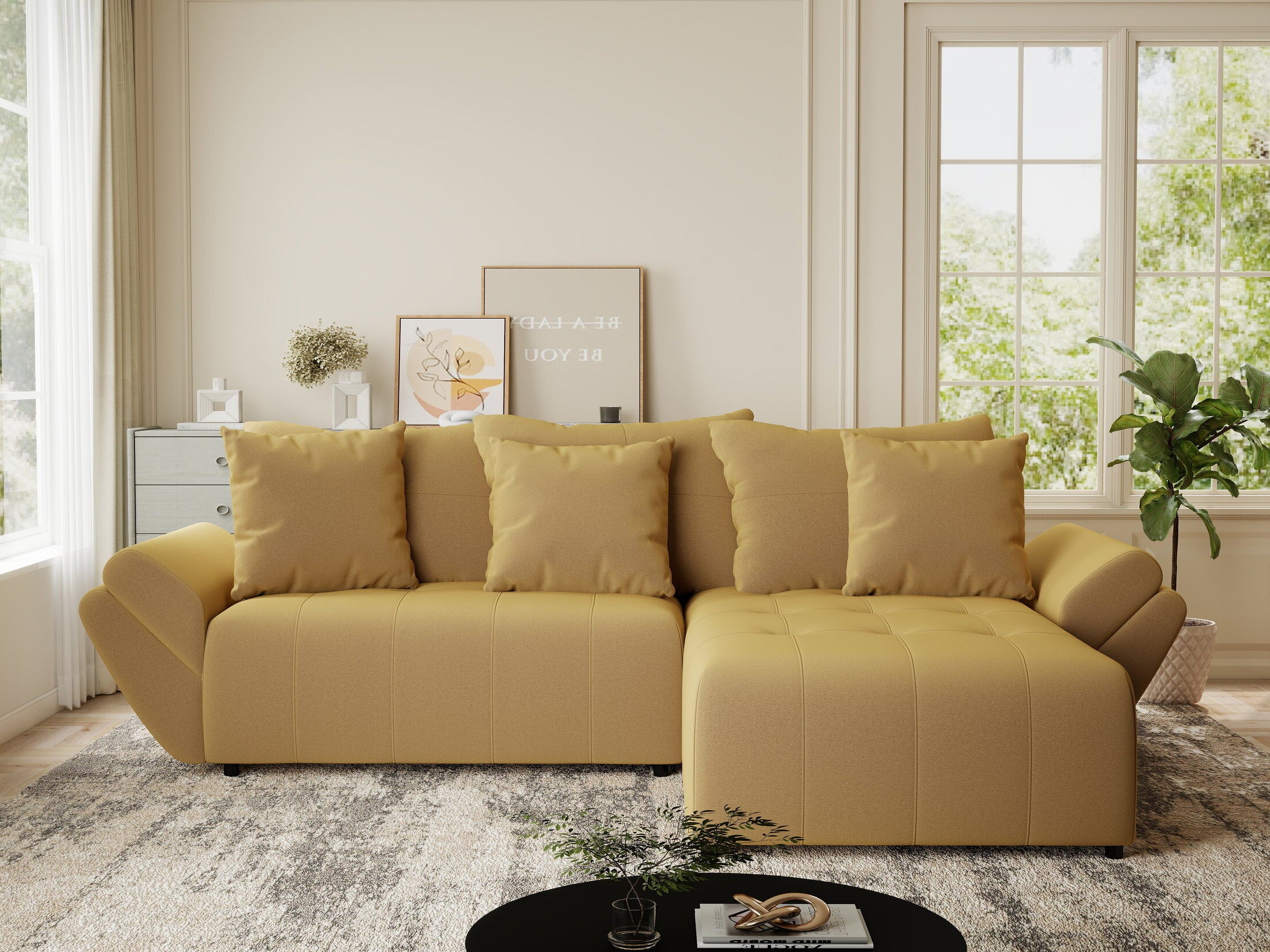 Colțar extensibil dumonde cu ladă de depozitare si sezut confortabil din spuma HR, Berlin Royal Galben Mustar 280x185 cm II