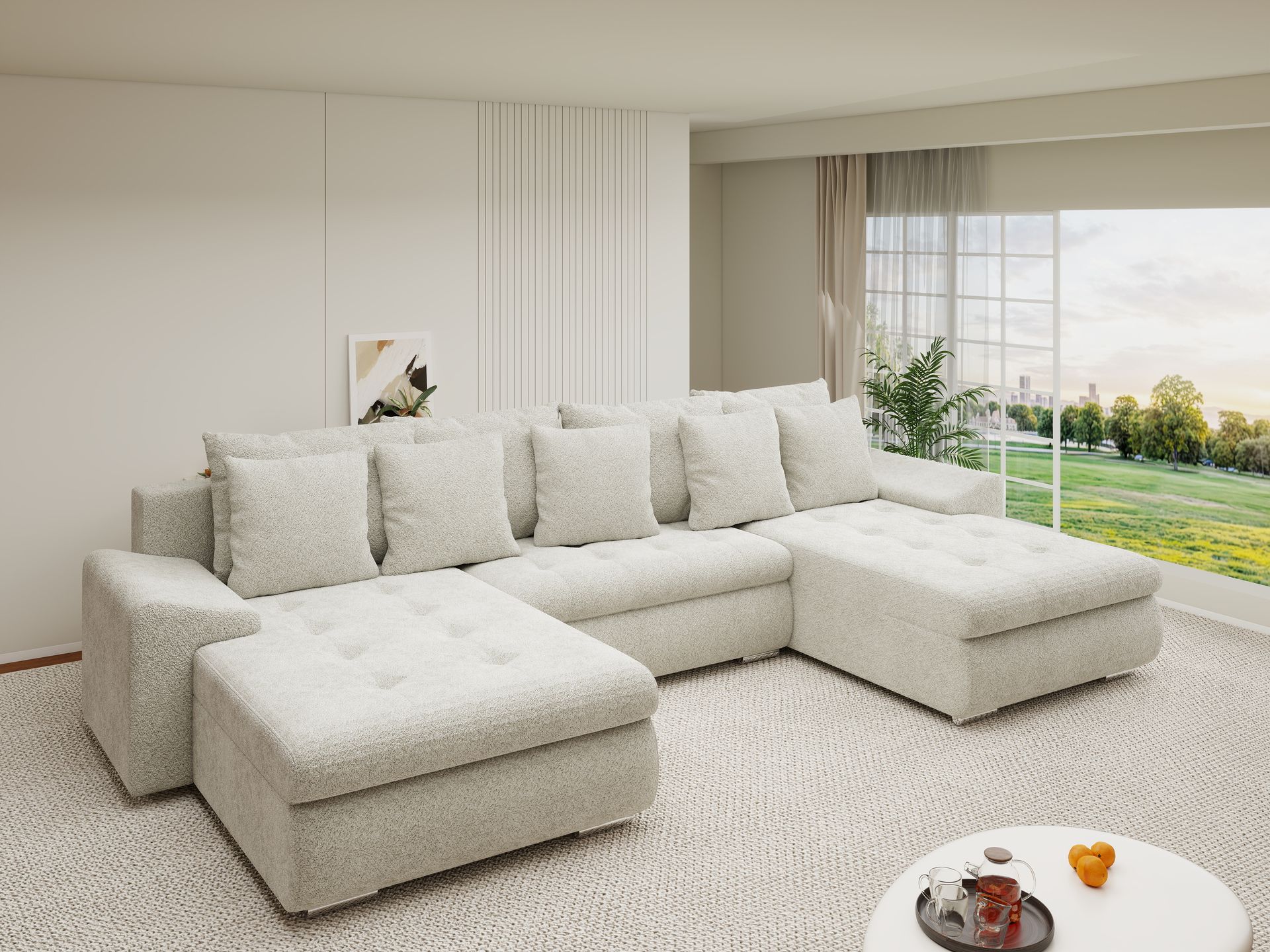 Colțar extensibil dumonde cu ladă de depozitare si sezut confortabil din spuma high-density, Leonardo U Arena Bej 20 360x185 cm