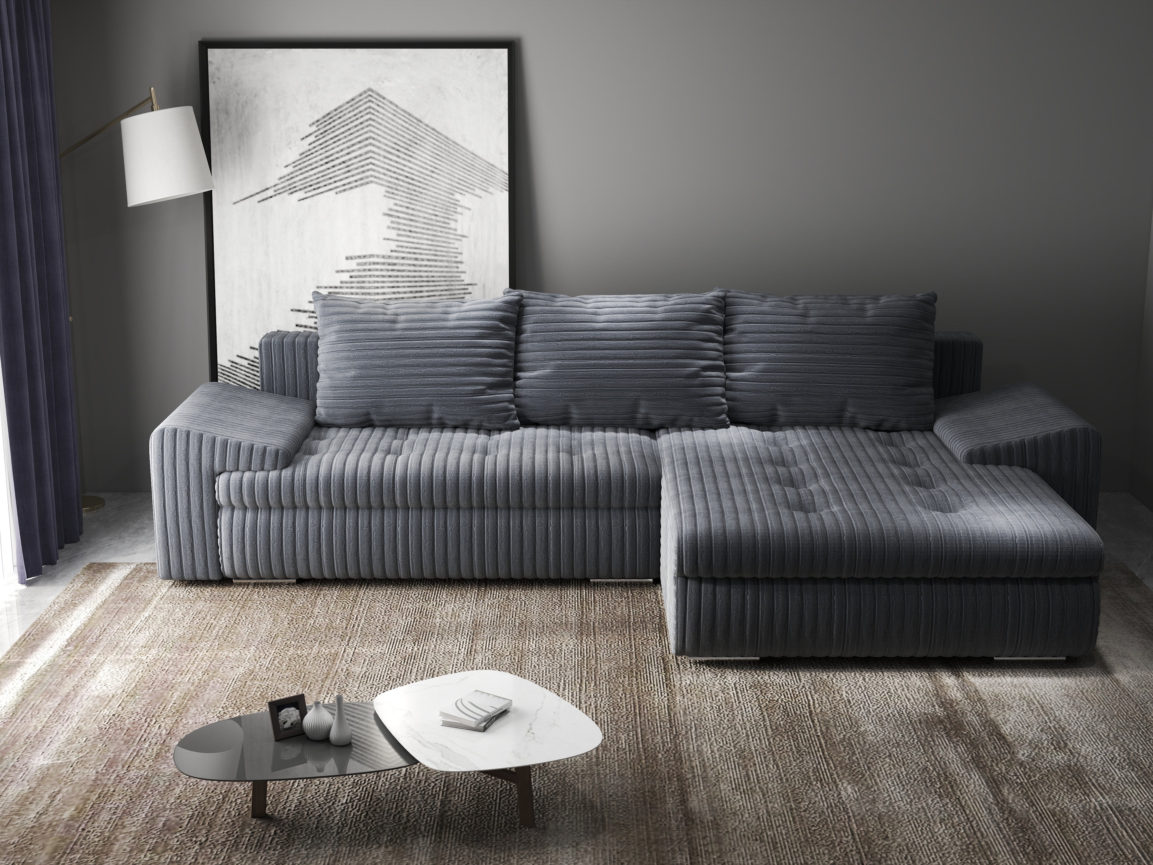 Colțar extensibil dumonde cu ladă de depozitare si sezut confortabil din spuma HR, Leonardo Ambience Gri 260x185 cm II Fabrica