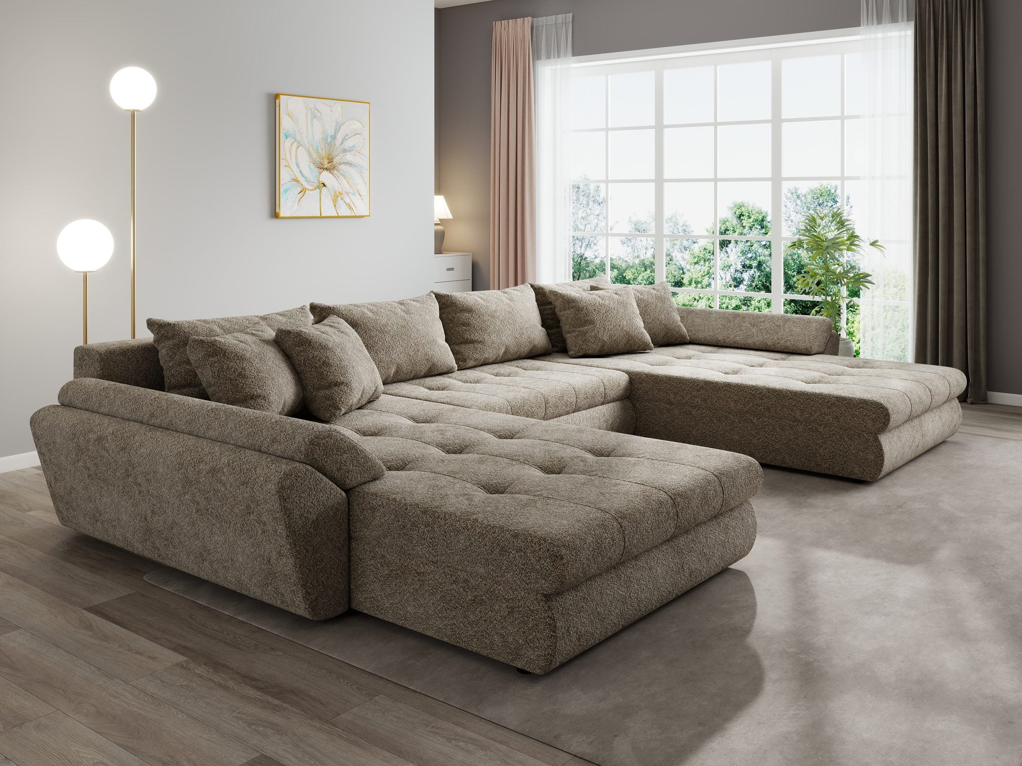 Colțar extensibil dumonde cu ladă de depozitare si sezut confortabil din spuma high-density, Loana U Arena Bej 4 355x185 cm