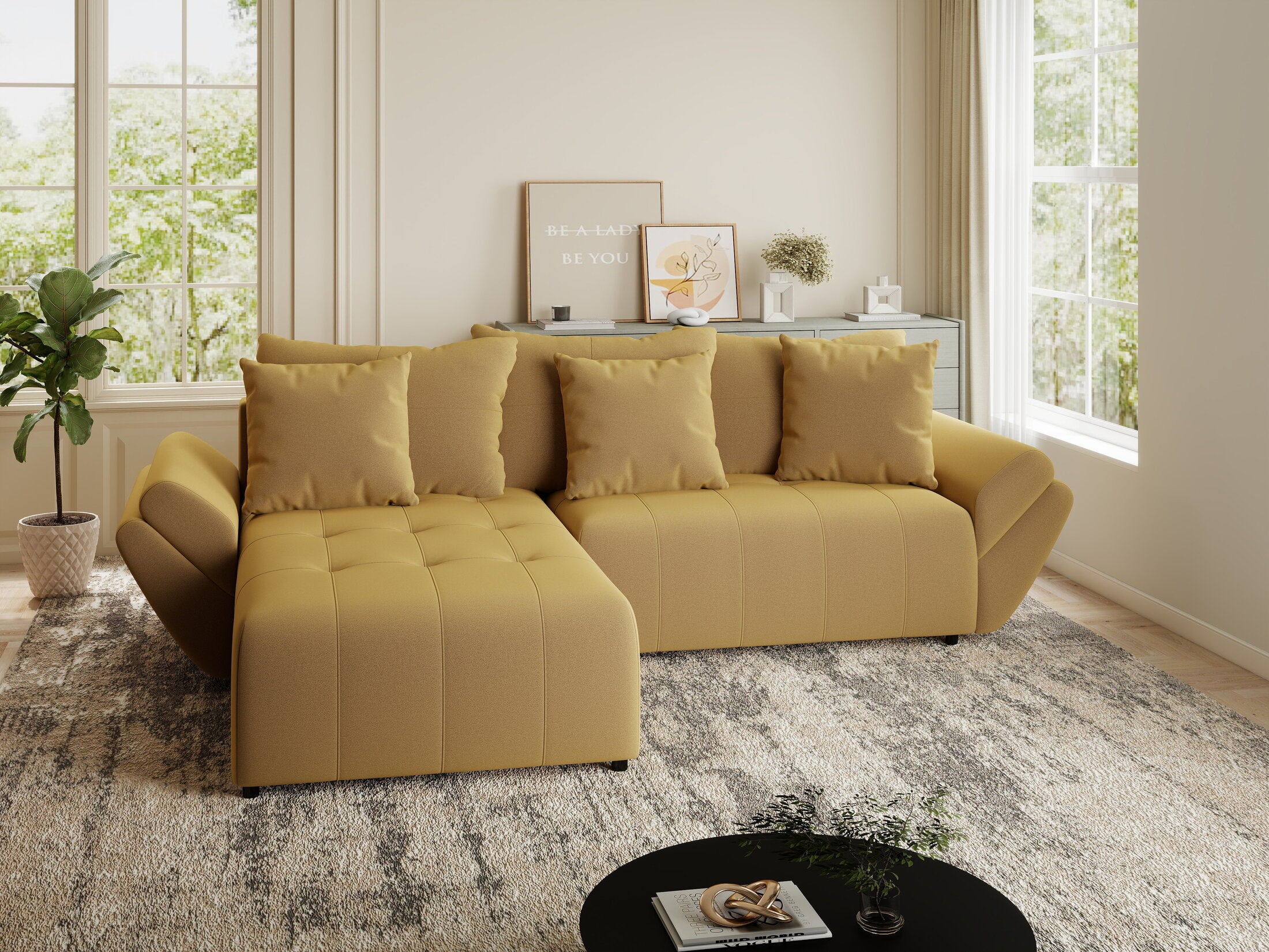 Colțar extensibil dumonde cu ladă de depozitare si sezut confortabil din spuma HR, Berlin Royal Galben Mustar 280x185 cm