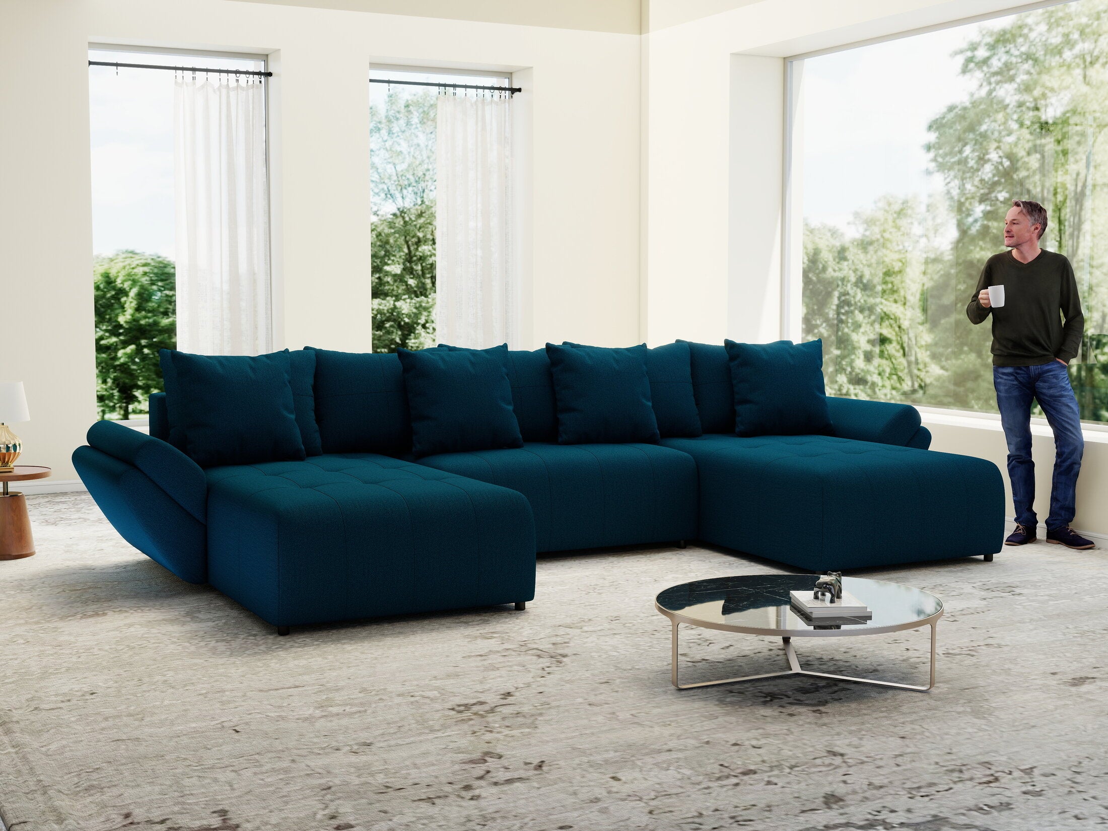 Colțar extensibil dumonde cu ladă de depozitare si sezut confortabil din spuma HR, Berlin U Enjoy Verde Petrol 380x180 cm