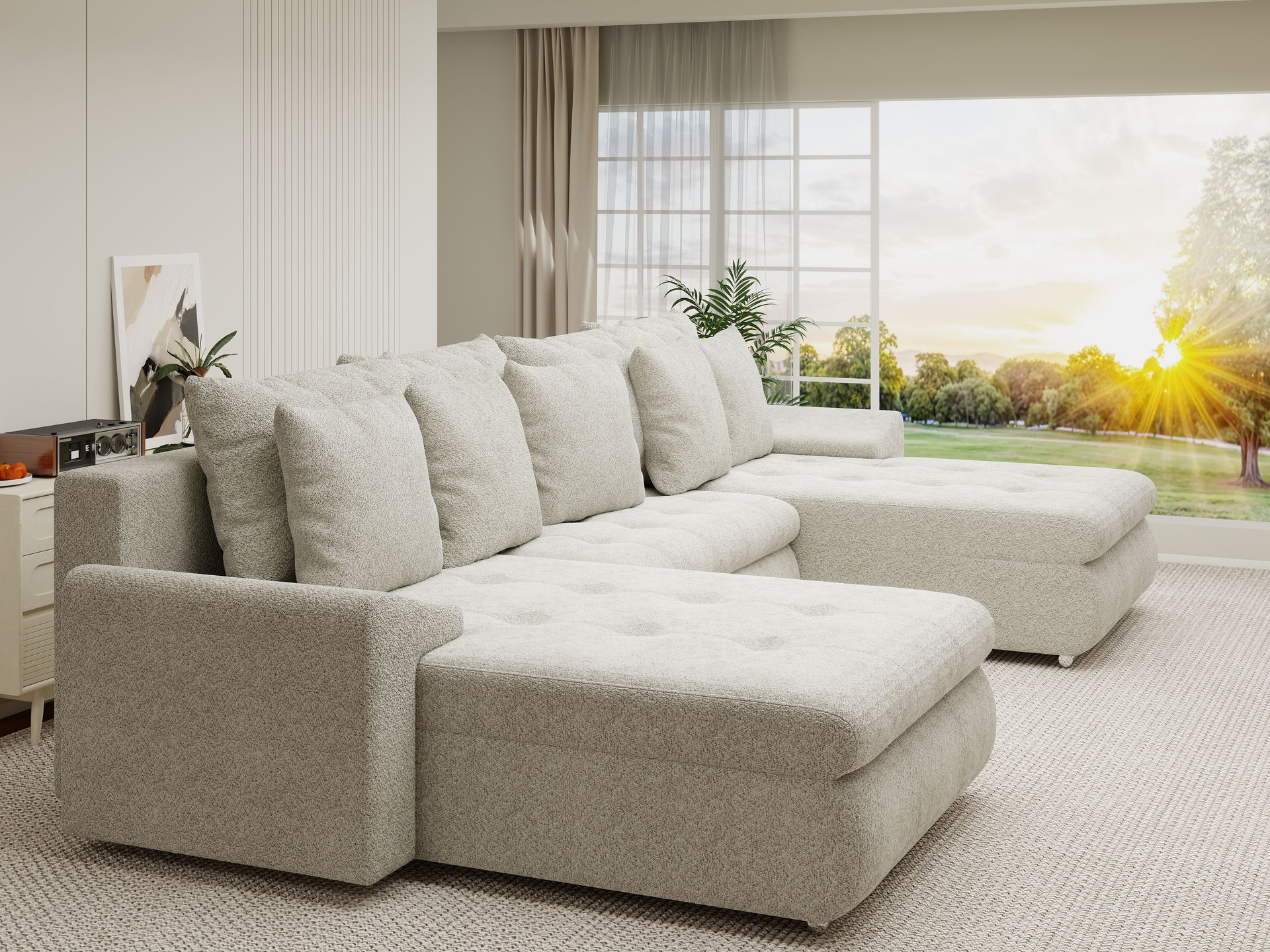 Colțar extensibil dumonde cu ladă de depozitare si sezut confortabil din spuma high-density, Leonardo U Arena Bej 20 360x185 cm