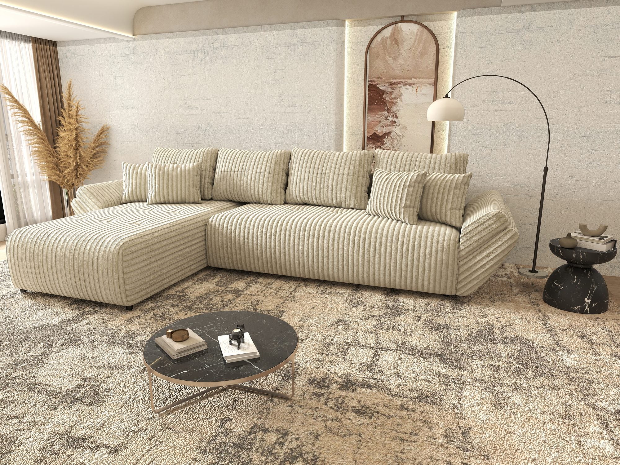 Colțar extensibil dumonde cu ladă de depozitare si sezut confortabil din spuma high-density, Berlin XL Tilia Bej 08 350x185 cm
