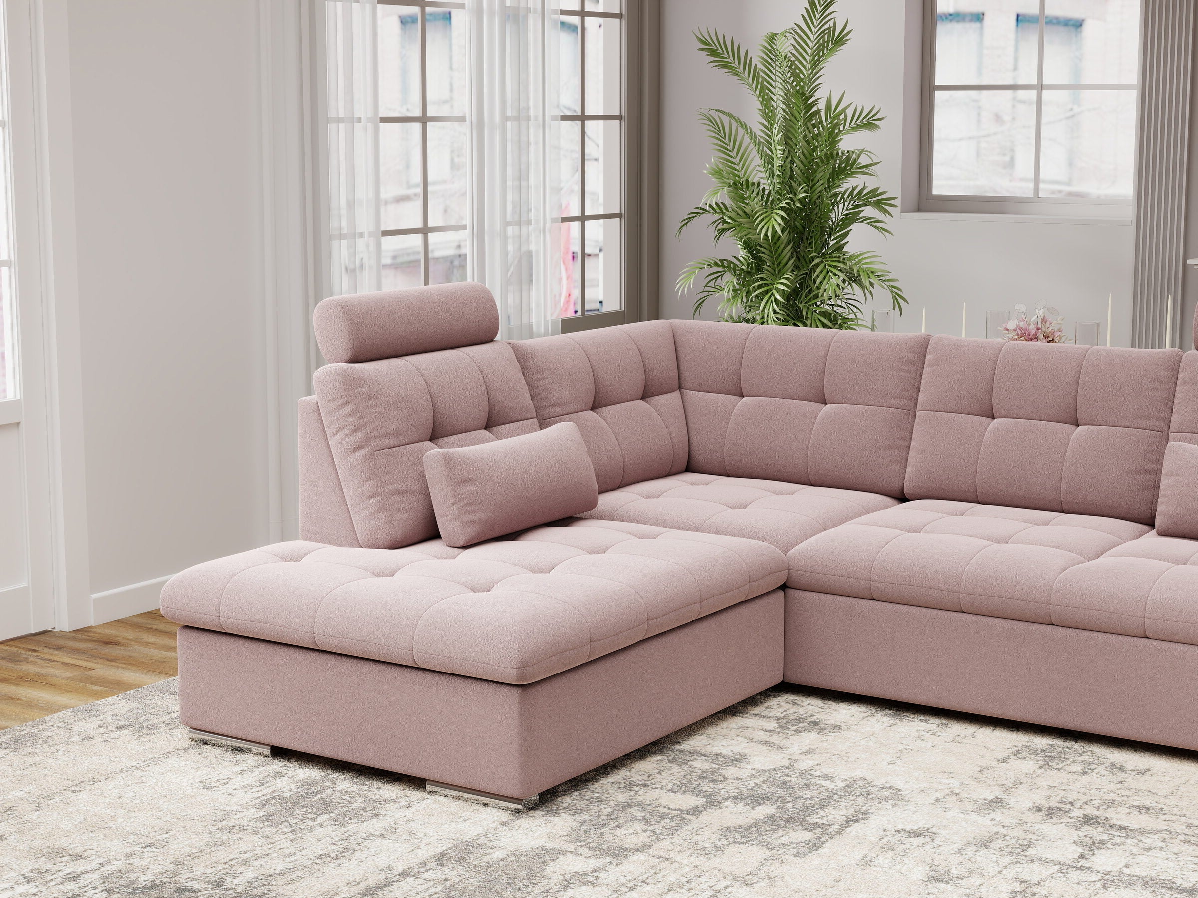 Colțar extensibil dumonde cu ladă de depozitare și șezut confortabil din spumă HR, Merkur XL Royal Roz 256x217 cm