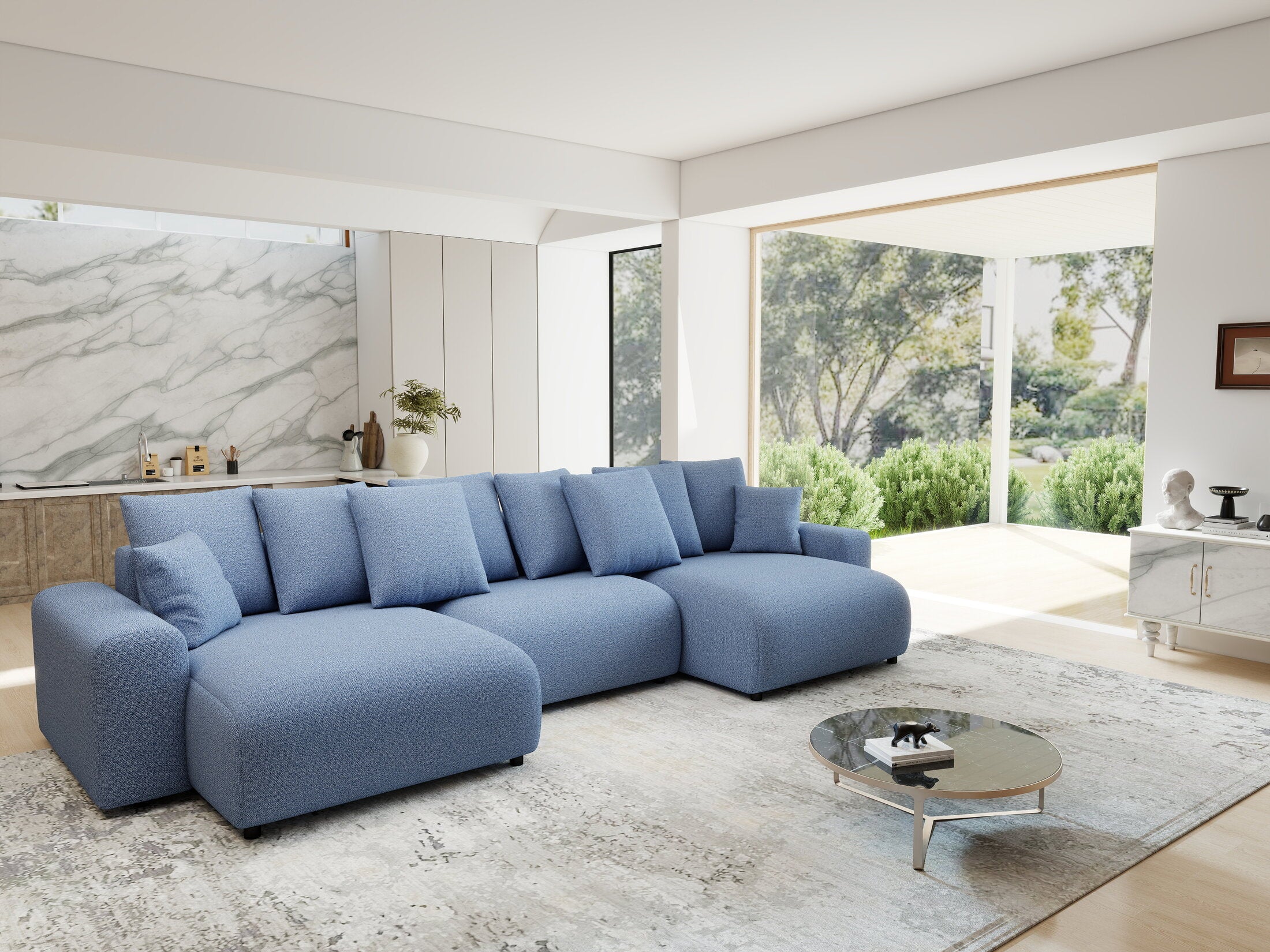 Colțar extensibil dumonde cu ladă de depozitare si sezut confortabil din spuma HR, Luma U Enjoy Albastru 336x140 cm