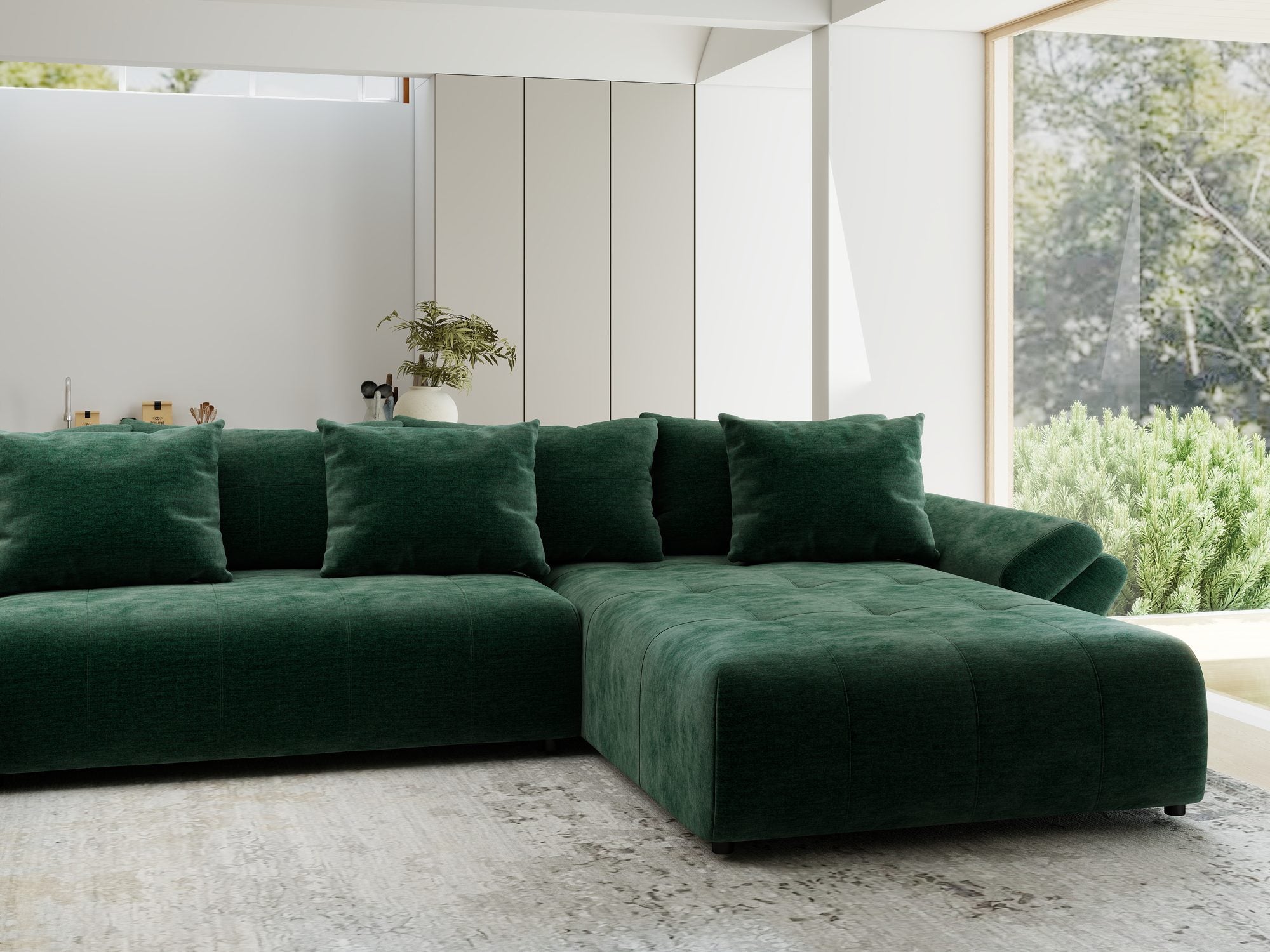 Colțar extensibil dumonde cu ladă de depozitare si sezut confortabil din spuma high-density, Berlin U Monolith Verde 37 380x180 cm