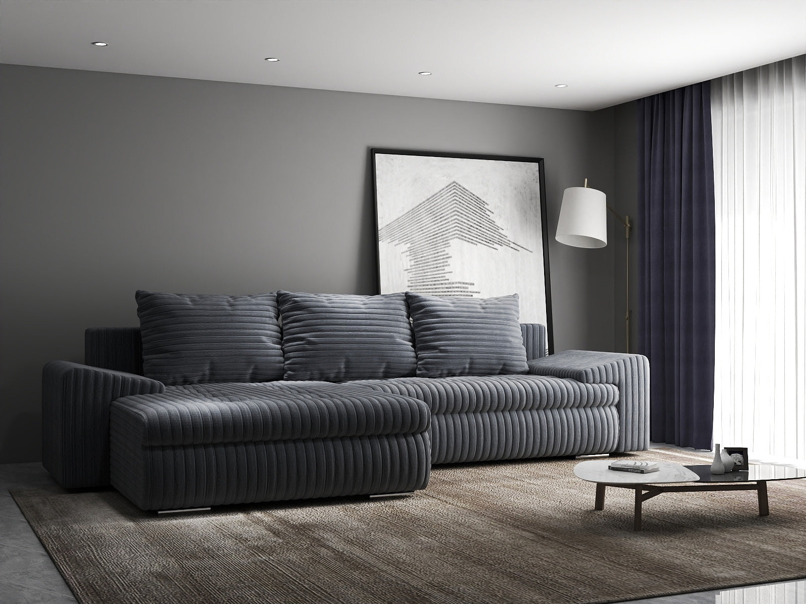 Colțar extensibil dumonde cu ladă de depozitare si sezut confortabil din spuma HR, Leonardo Ambience Gri 260x185 cm Fabrica