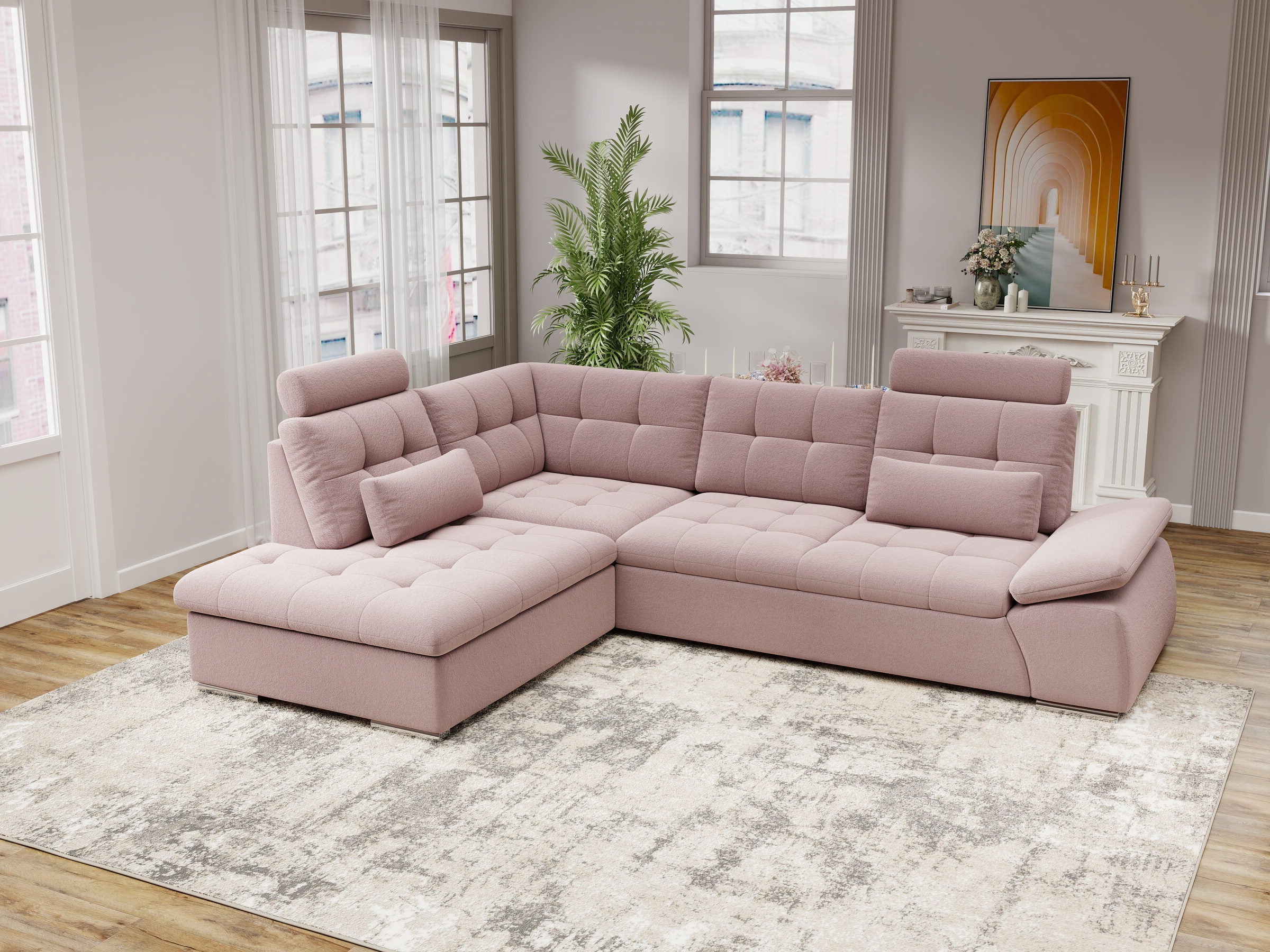 Colțar extensibil dumonde cu ladă de depozitare și șezut confortabil din spumă HR, Merkur XL Royal Roz 256x217 cm