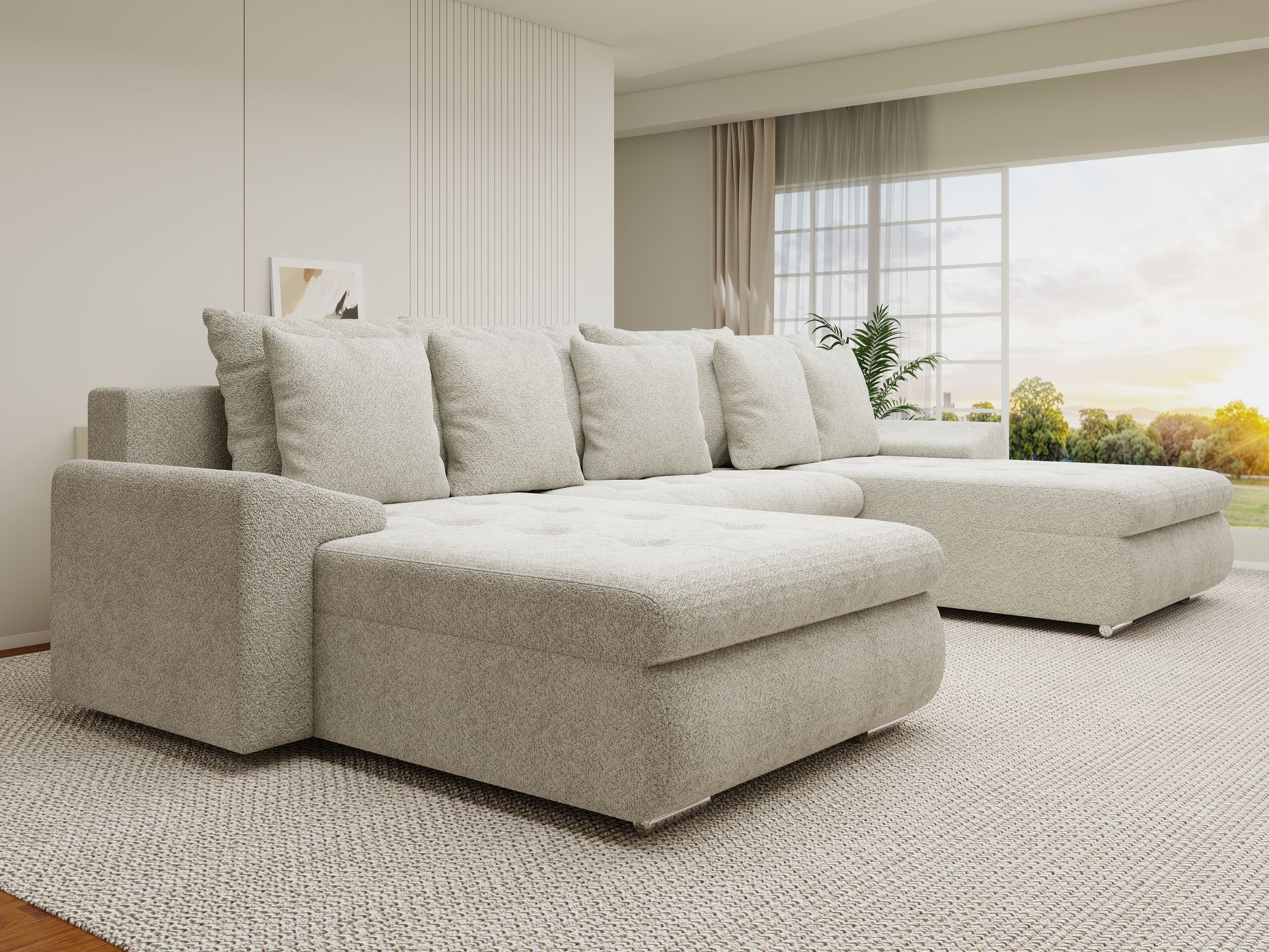 Colțar extensibil dumonde cu ladă de depozitare si sezut confortabil din spuma high-density, Leonardo U Arena Bej 20 360x185 cm
