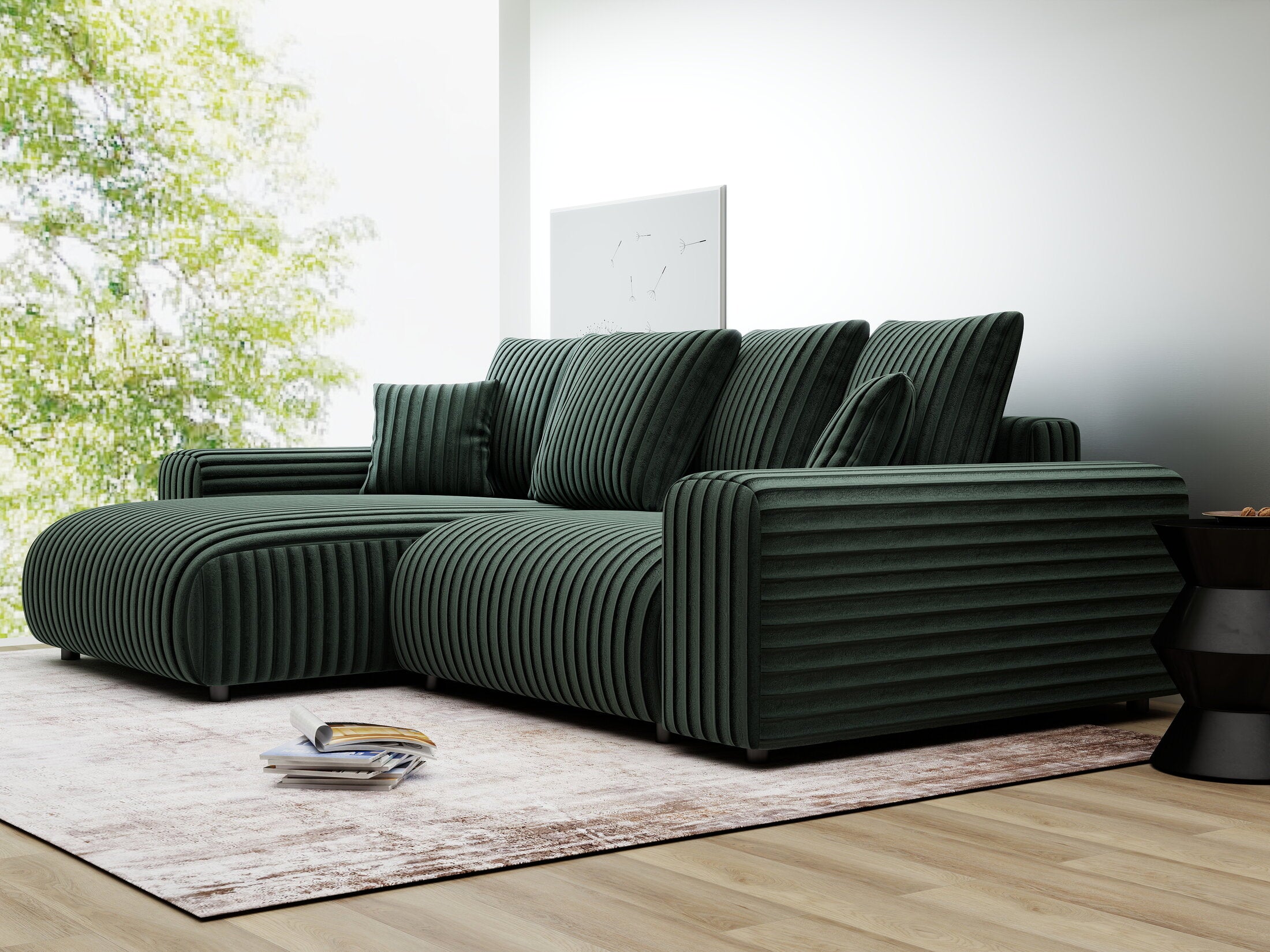 Colțar extensibil dumonde cu ladă de depozitare și șezut confortabil din spumă HR, Luma Ambience Verde 255x168 cm