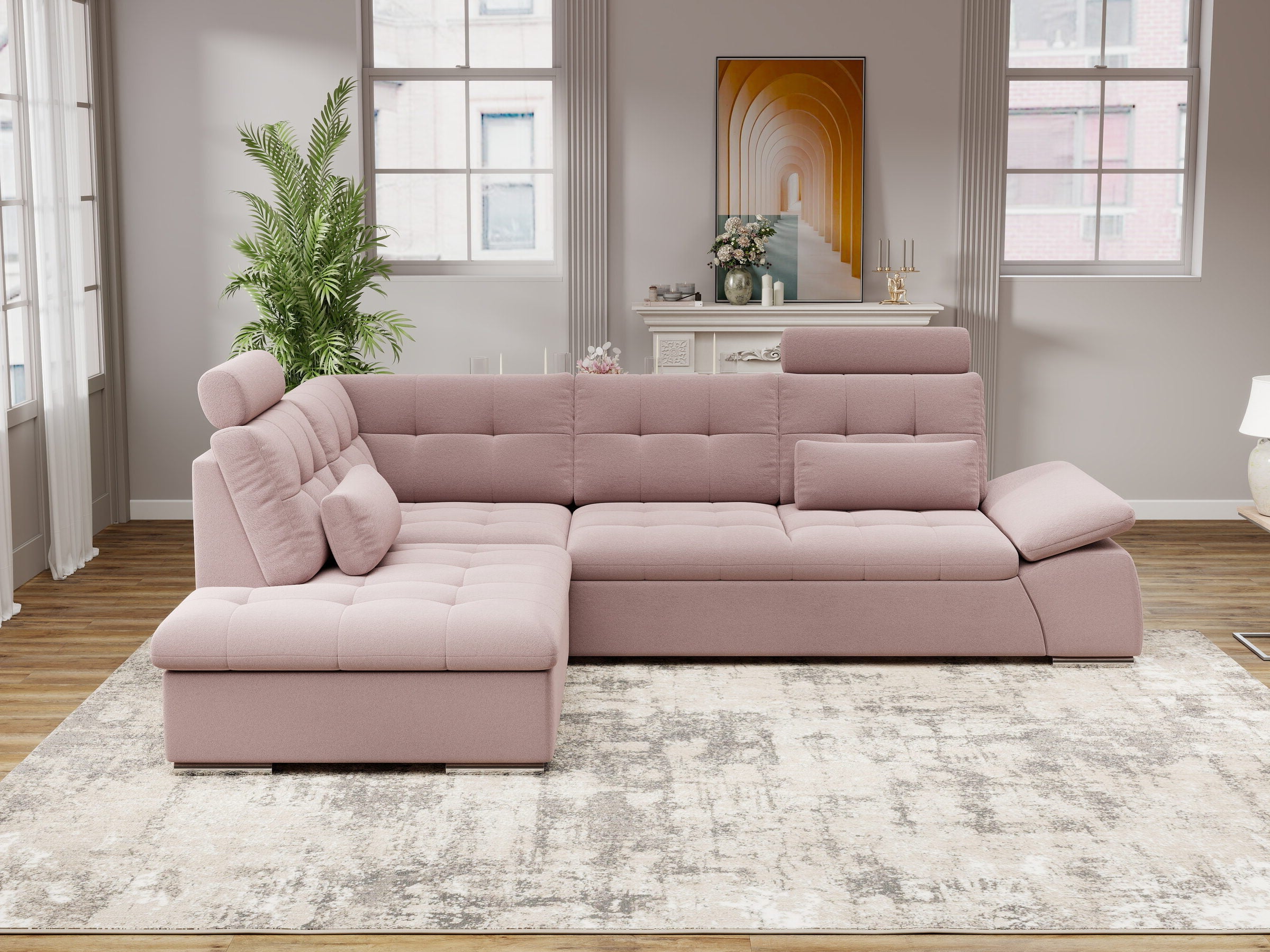 Colțar extensibil dumonde cu ladă de depozitare și șezut confortabil din spumă HR, Merkur XL Royal Roz 256x217 cm