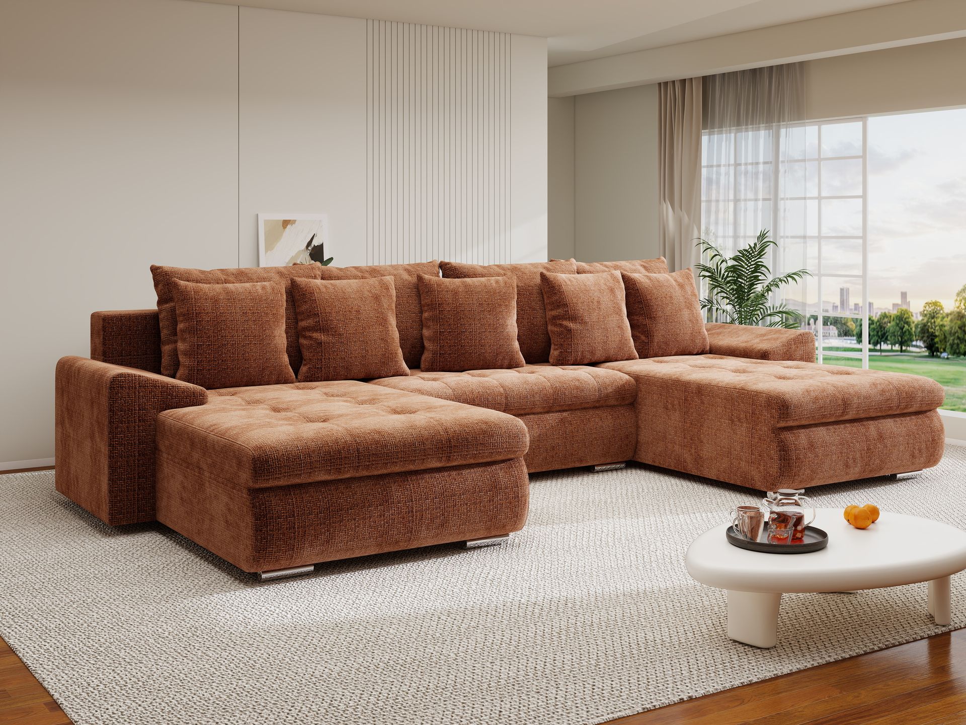Colțar extensibil dumonde cu ladă de depozitare si sezut confortabil din spuma high-density, Leonardo U Cremona Teracota 52 360x185 cm