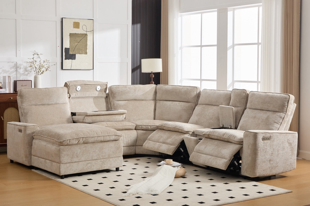 Coltar dumonde cu 3 reclinere electrice, incarcare USB, USB-C, tava, lumini de citit, suport pahare, textil, Vireon 317x347cm