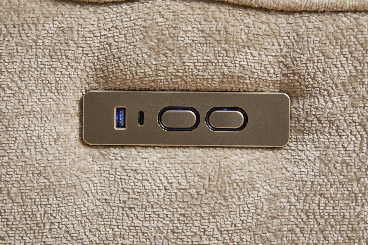 Coltar dumonde cu 3 reclinere electrice, incarcare USB, USB-C, tava, lumini de citit, suport pahare, textil, Vireon 317x347cm