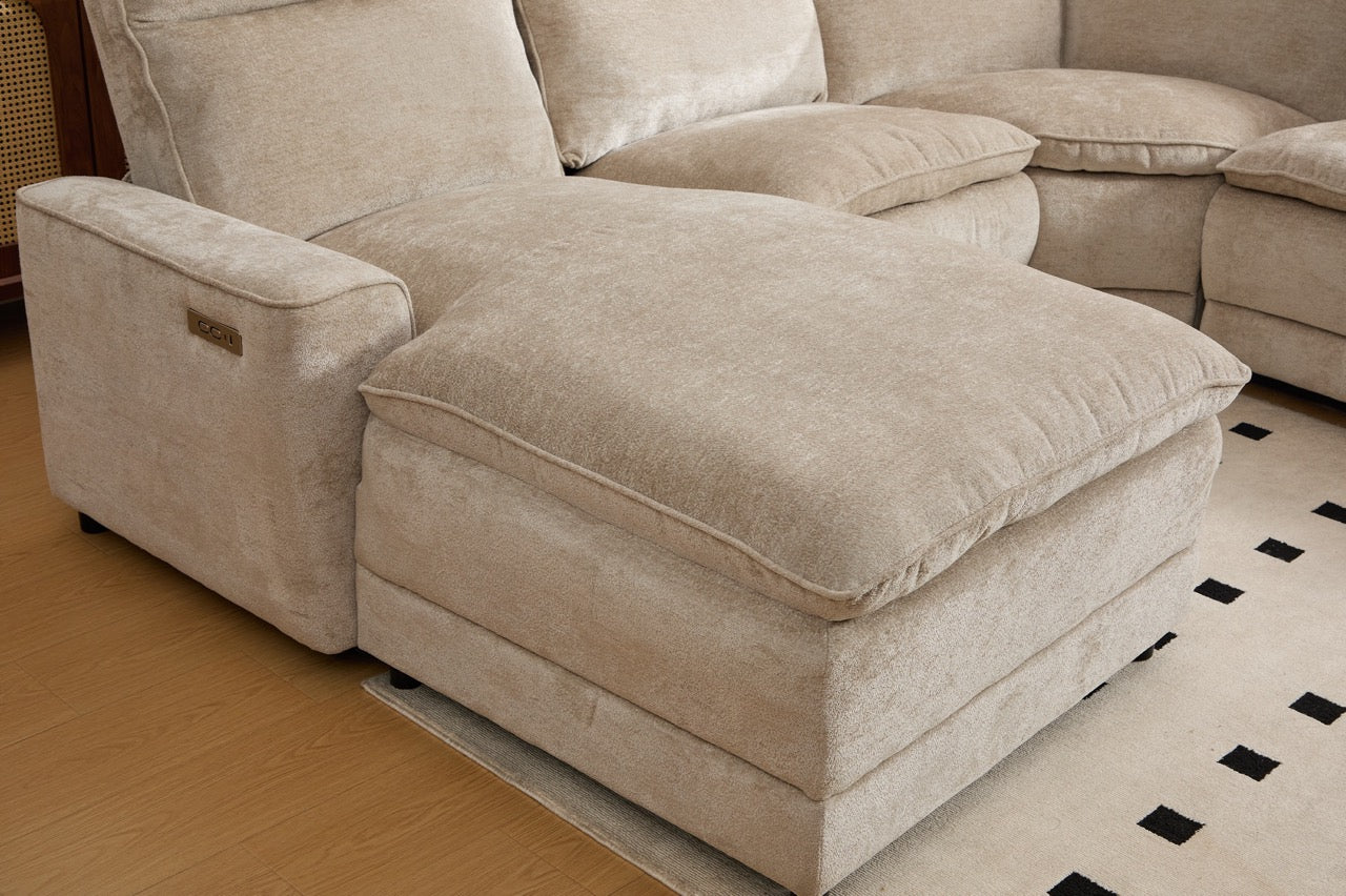 Coltar dumonde cu 3 reclinere electrice, incarcare USB, USB-C, tava, lumini de citit, suport pahare, textil, Vireon 317x347cm