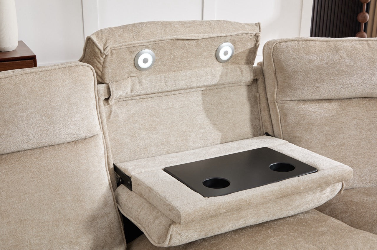 Coltar dumonde cu 3 reclinere electrice, incarcare USB, USB-C, tava, lumini de citit, suport pahare, textil, Vireon 317x347cm