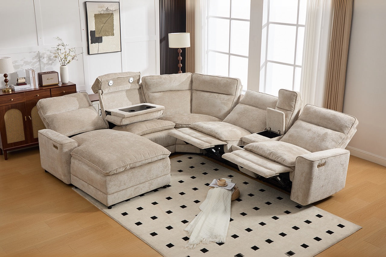 Coltar dumonde cu 3 reclinere electrice, incarcare USB, USB-C, tava, lumini de citit, suport pahare, textil, Vireon 317x347cm