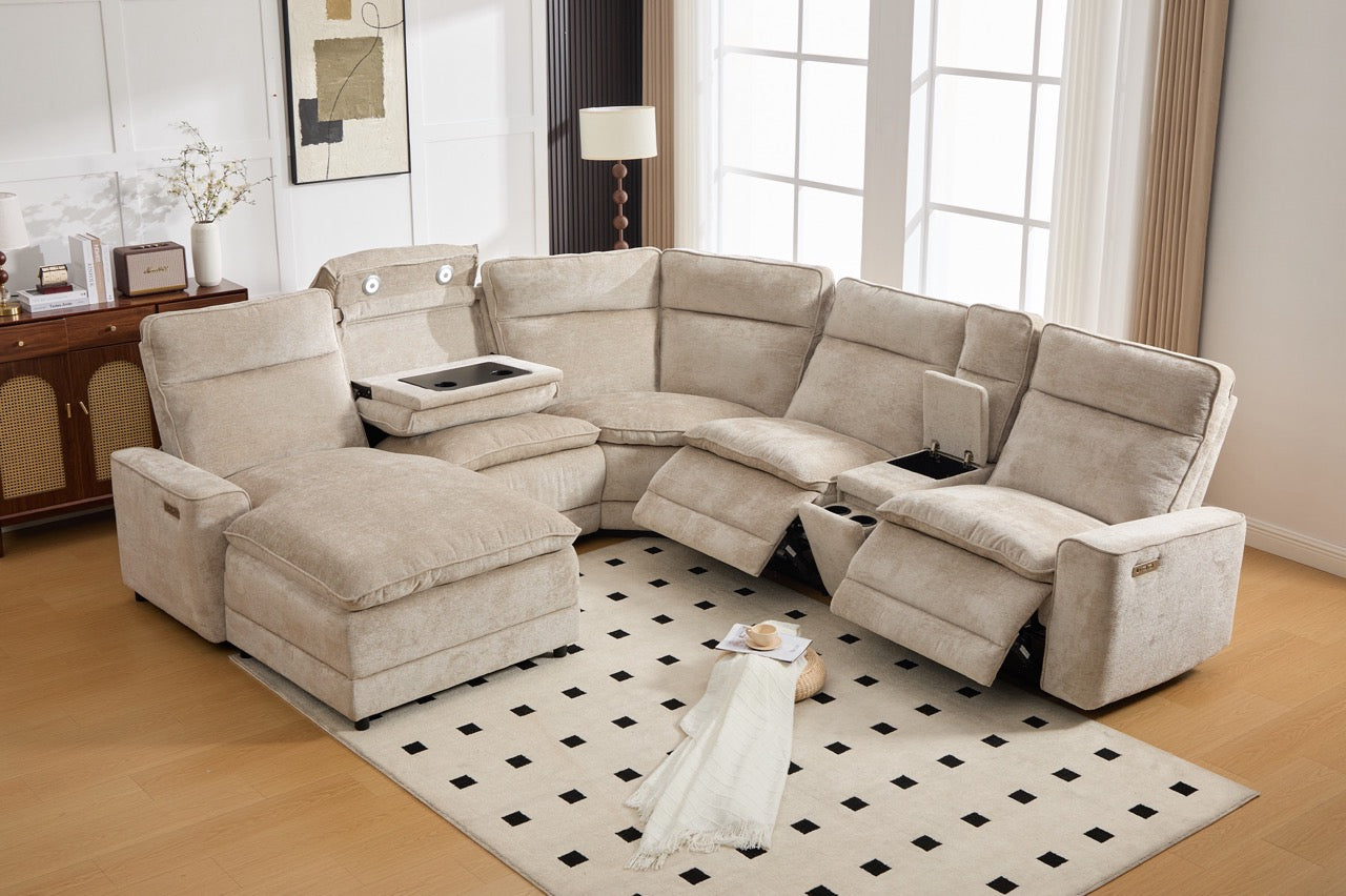 Coltar dumonde cu 3 reclinere electrice, incarcare USB, USB-C, tava, lumini de citit, suport pahare, textil, Vireon 317x347cm