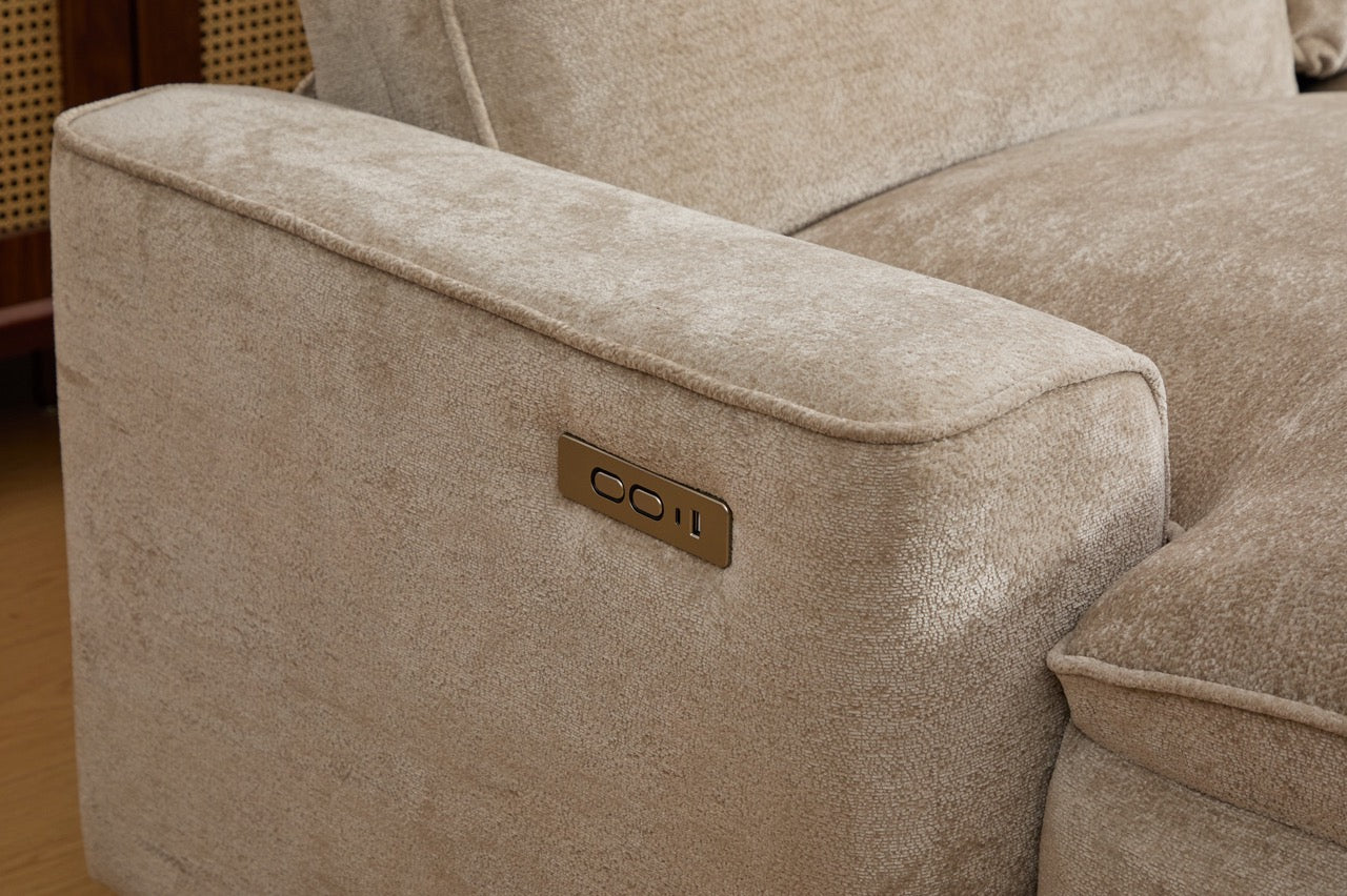 Coltar dumonde cu 3 reclinere electrice, incarcare USB, USB-C, tava, lumini de citit, suport pahare, textil, Vireon 317x347cm